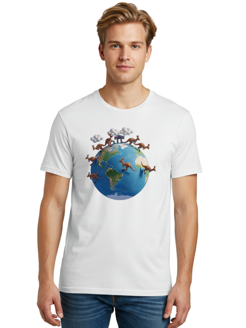 Kangaroos-On-Globe Men'S Graphic Tee, 100% Cotton, Comfortable Casual Summer Wear, Machine Washable, Kangaroos Jumping Around The World, Earth From Space, Global Unity, Playful Wildlife, Marsupials, International Friendship, Africa, Baa897