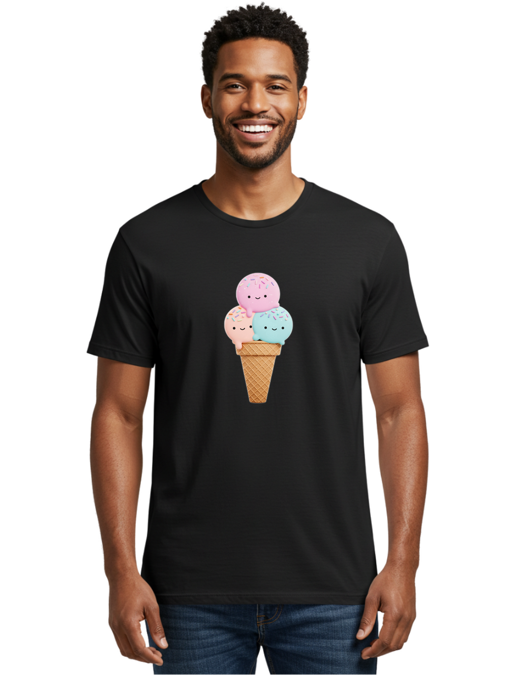 Kawaii-Ice-Cream Men'S Graphic Tee, 100% Cotton, Comfortable Casual Summer Wear, Machine Washable, Ice Cream Cone, Colorful Ice Cream, Cute Cartoon Characters, Pastel Colors, Sprinkles, Smiling Faces, Sweet Treats, Summertime Fun, Baa898