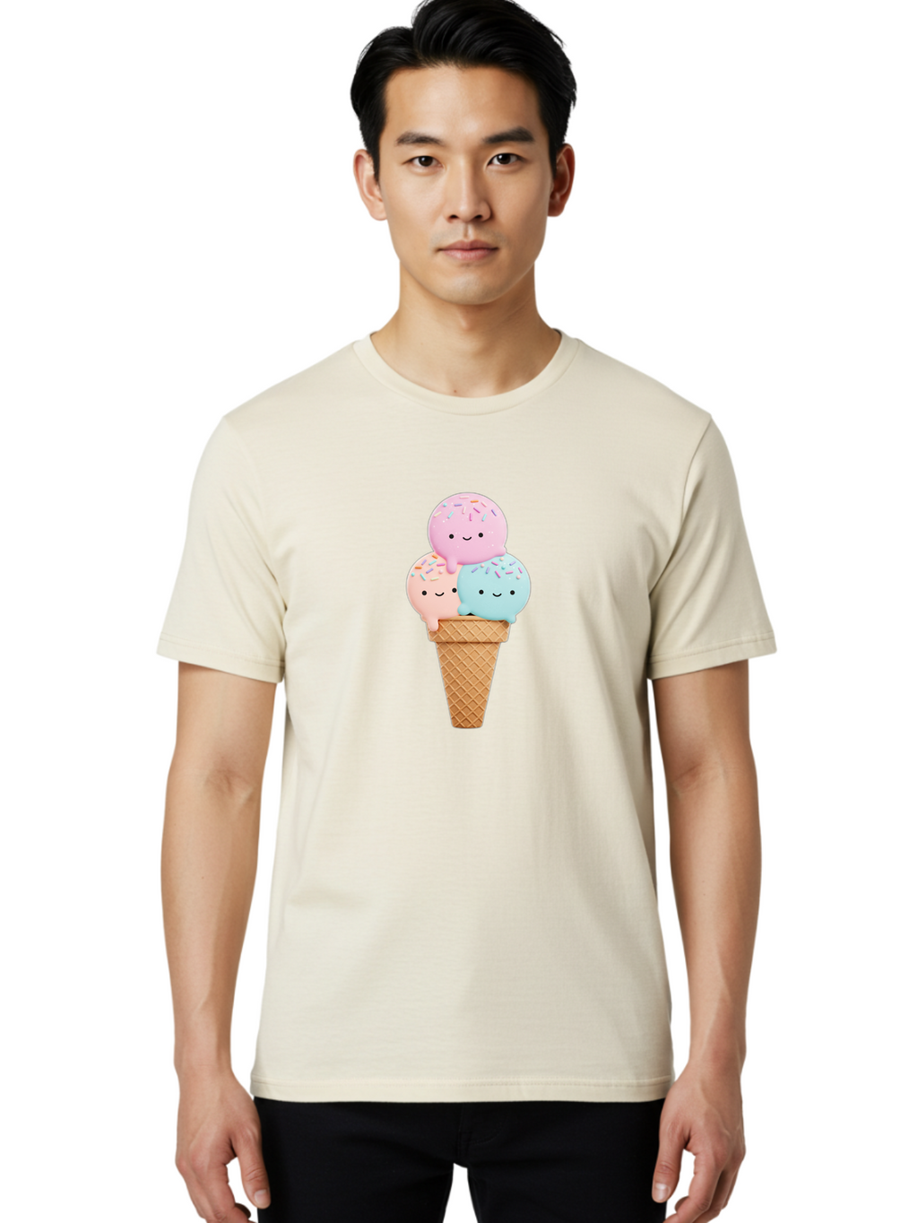 Kawaii-Ice-Cream Men'S Graphic Tee, 100% Cotton, Comfortable Casual Summer Wear, Machine Washable, Ice Cream Cone, Colorful Ice Cream, Cute Cartoon Characters, Pastel Colors, Sprinkles, Smiling Faces, Sweet Treats, Summertime Fun, Baa898
