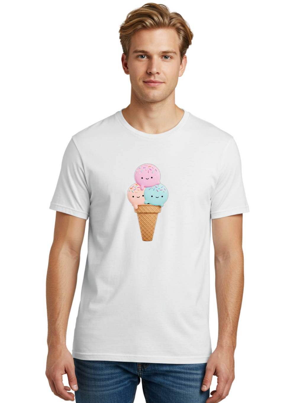 Kawaii-Ice-Cream Men'S Graphic Tee, 100% Cotton, Comfortable Casual Summer Wear, Machine Washable, Ice Cream Cone, Colorful Ice Cream, Cute Cartoon Characters, Pastel Colors, Sprinkles, Smiling Faces, Sweet Treats, Summertime Fun, Baa898