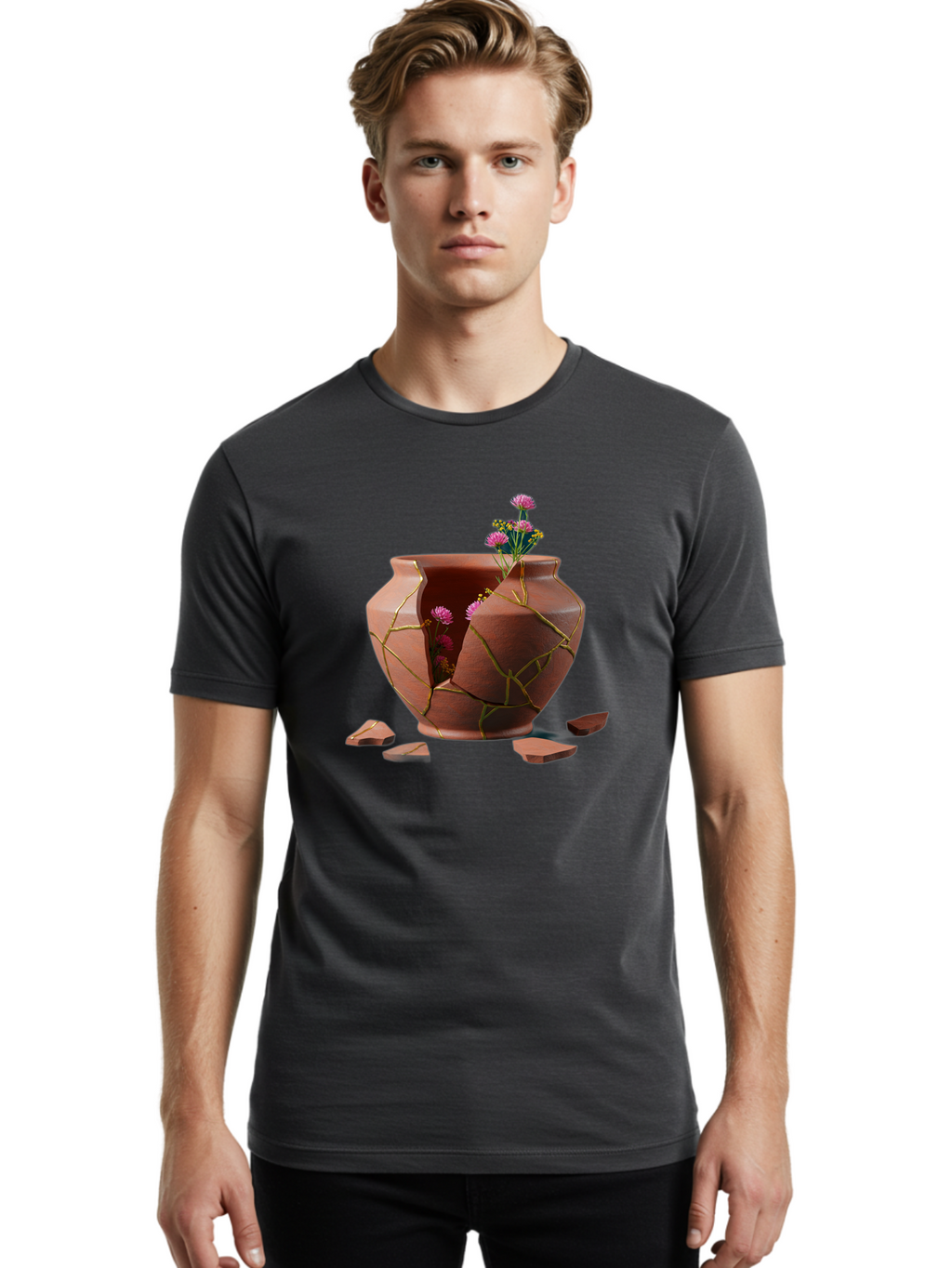 Kintsugi-Pot Men'S Graphic Tee, 100% Cotton, Comfortable Casual Summer Wear, Machine Washable, Repaired Vase, Broken Pottery, Gold Cracks, Pink Flowers, Kintsugi Art, Traditional Japanese Repair, Broken And Mended, Clay Pot, Vibrant Blooms, Baa900