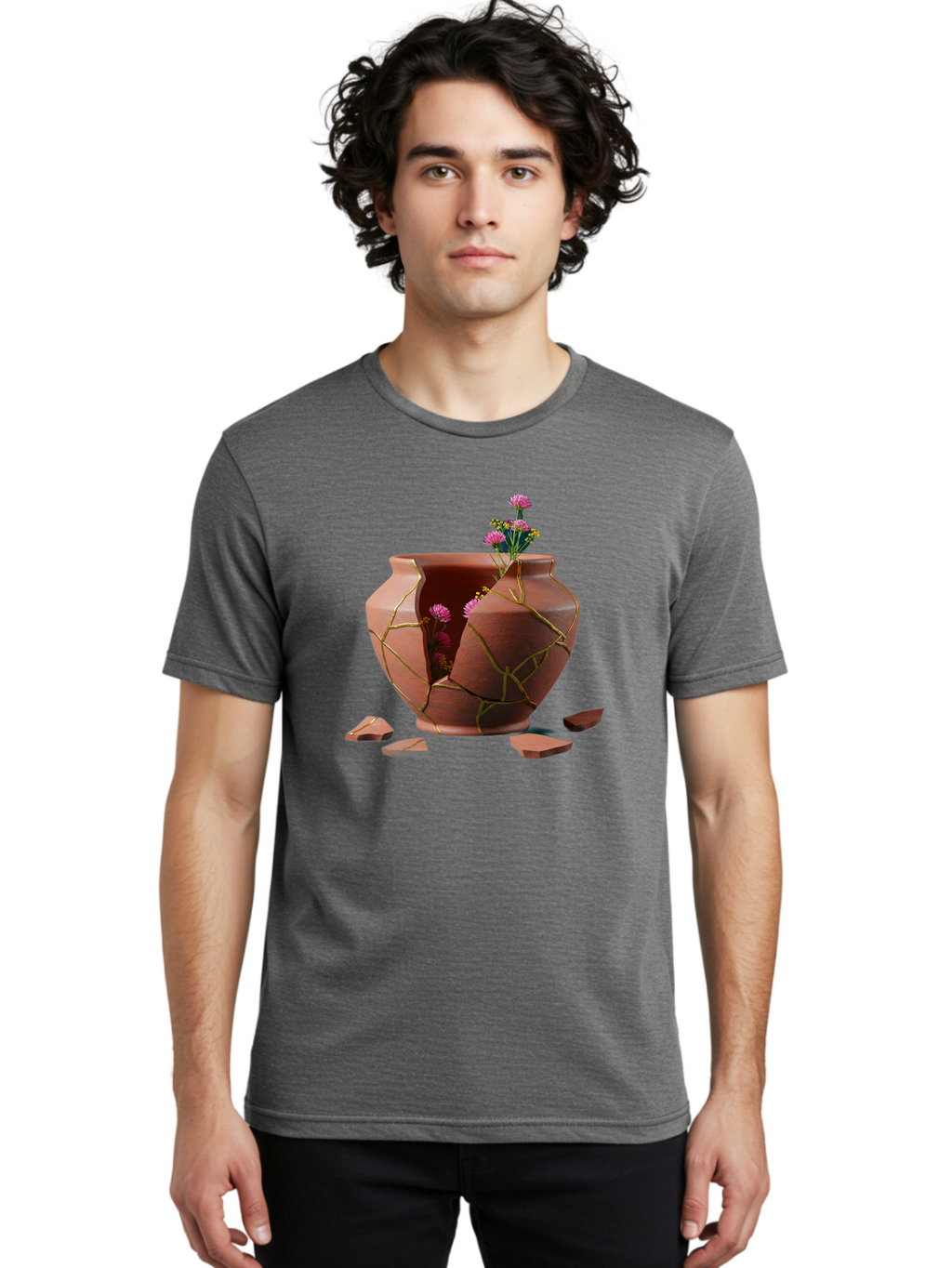 Kintsugi-Pot Men'S Graphic Tee, 100% Cotton, Comfortable Casual Summer Wear, Machine Washable, Repaired Vase, Broken Pottery, Gold Cracks, Pink Flowers, Kintsugi Art, Traditional Japanese Repair, Broken And Mended, Clay Pot, Vibrant Blooms, Baa900