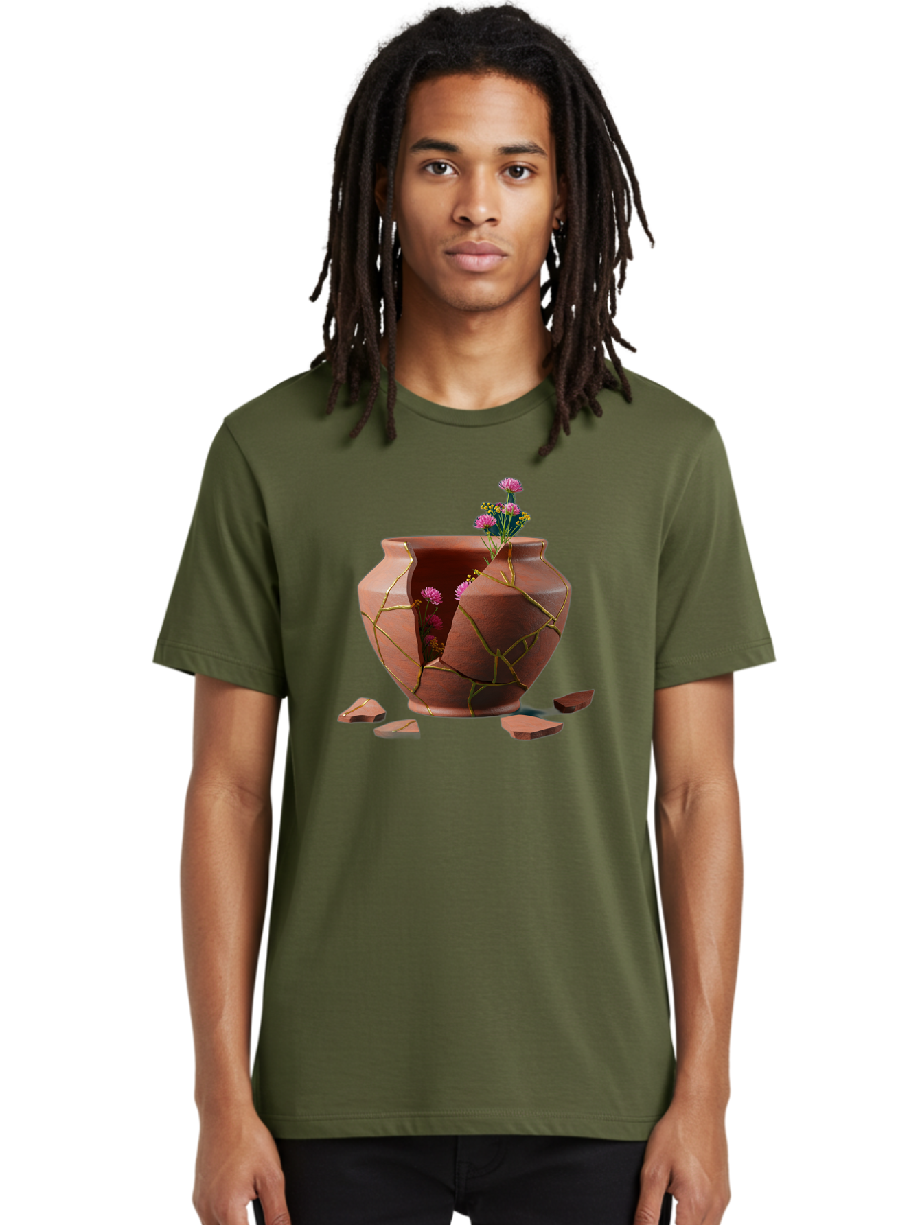 Kintsugi-Pot Men'S Graphic Tee, 100% Cotton, Comfortable Casual Summer Wear, Machine Washable, Repaired Vase, Broken Pottery, Gold Cracks, Pink Flowers, Kintsugi Art, Traditional Japanese Repair, Broken And Mended, Clay Pot, Vibrant Blooms, Baa900