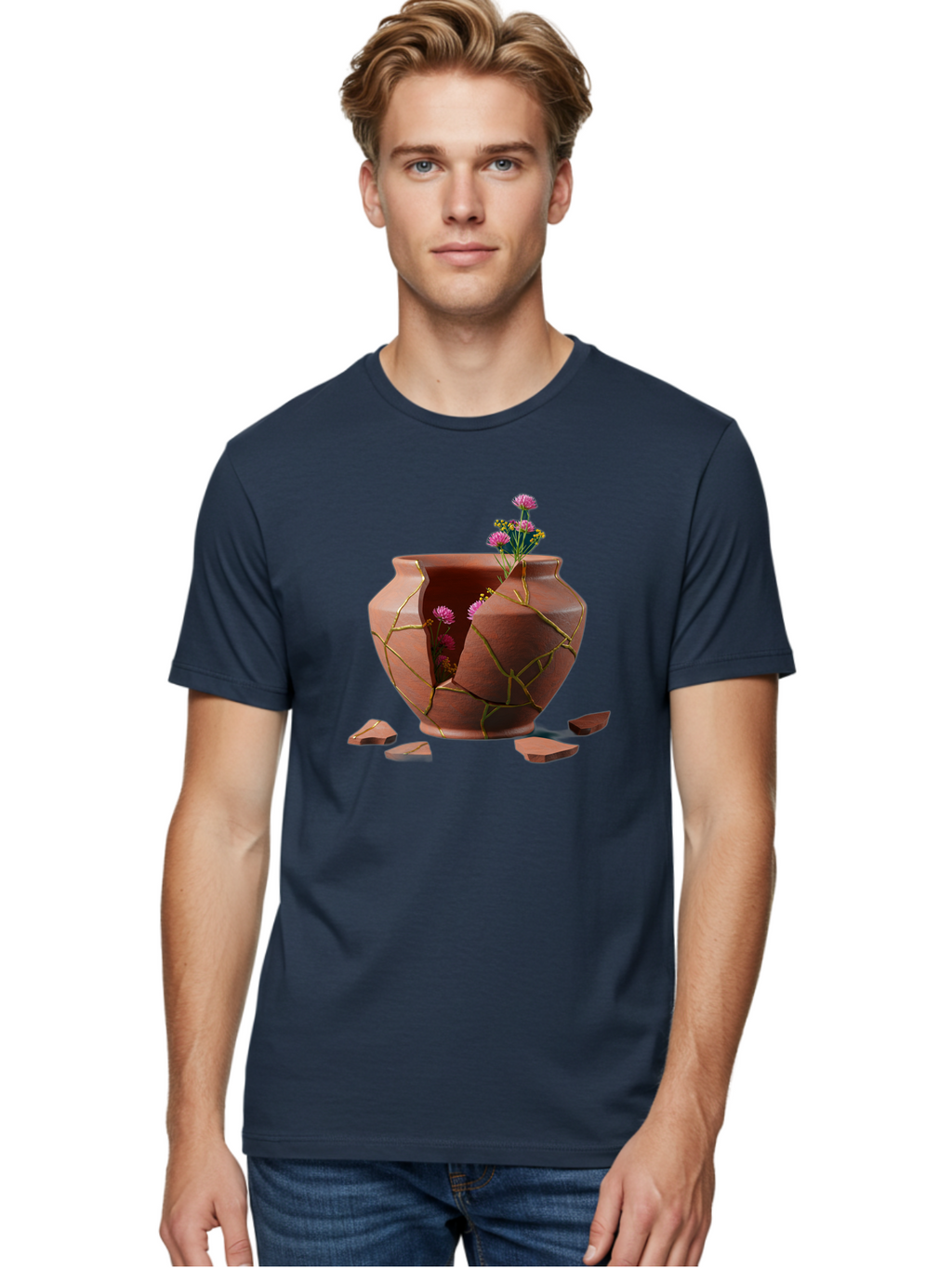Kintsugi-Pot Men'S Graphic Tee, 100% Cotton, Comfortable Casual Summer Wear, Machine Washable, Repaired Vase, Broken Pottery, Gold Cracks, Pink Flowers, Kintsugi Art, Traditional Japanese Repair, Broken And Mended, Clay Pot, Vibrant Blooms, Baa900