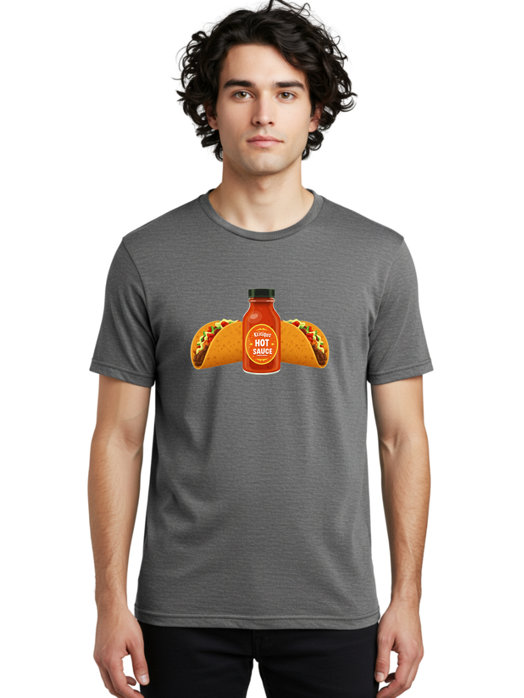 Kligius-Hot-Sauce Men'S Graphic Tee, 100% Cotton, Comfortable Casual Summer Wear, Machine Washable, Hot Sauce Bottle, Kliqius Brand, Tacos With Sauce, Spicy Food, Mexican Cuisine, Condiment, Flavorful Dishes, Foodie Favorites, Savory Delights Baa902