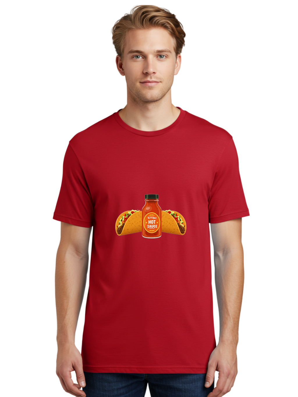 Kligius-Hot-Sauce Men'S Graphic Tee, 100% Cotton, Comfortable Casual Summer Wear, Machine Washable, Hot Sauce Bottle, Kliqius Brand, Tacos With Sauce, Spicy Food, Mexican Cuisine, Condiment, Flavorful Dishes, Foodie Favorites, Savory Delights Baa902