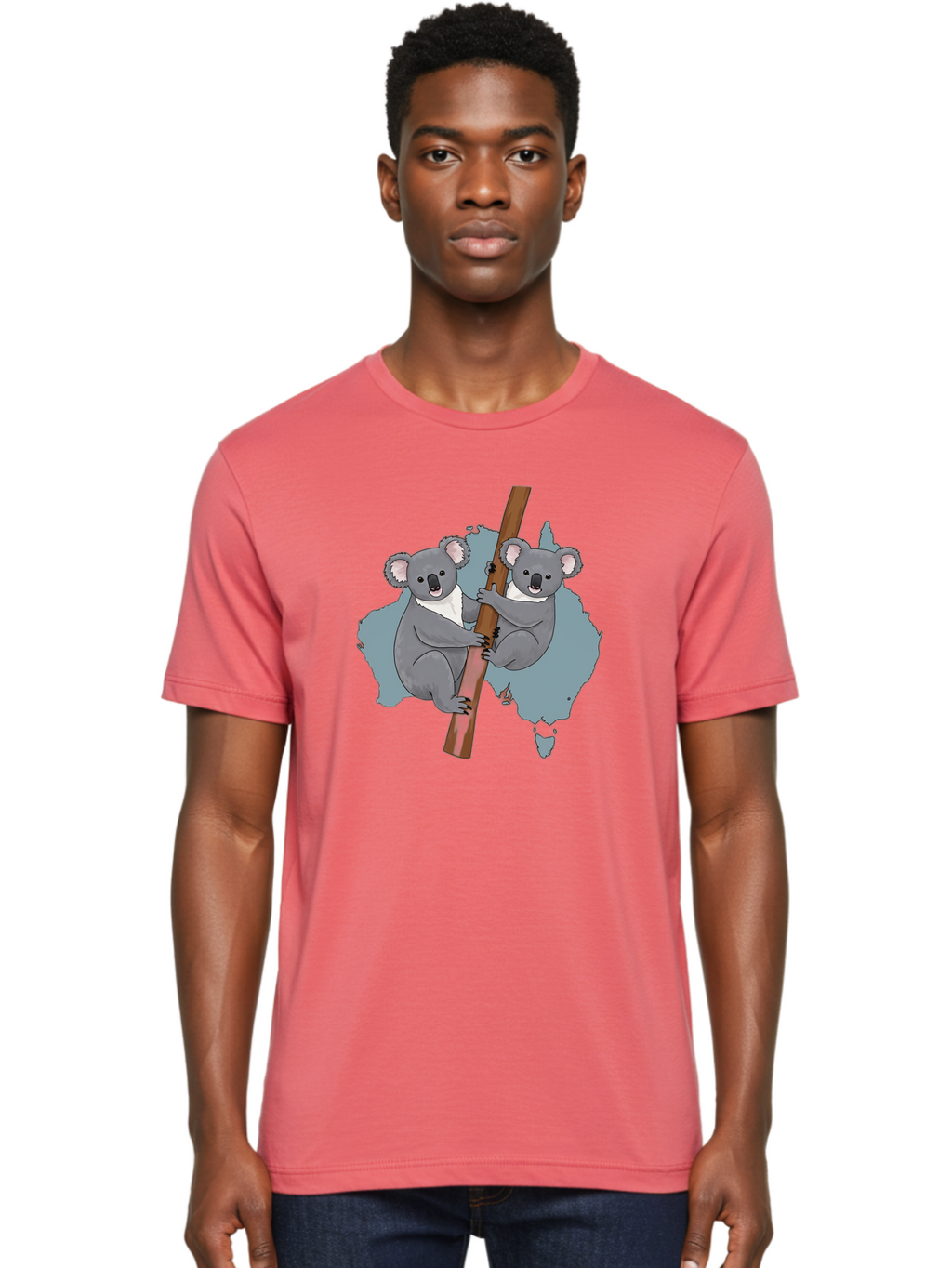 Koalas-On-Australia-Map Men'S Graphic Tee, 100% Cotton, Comfortable Casual Summer Wear, Machine Washable, Koalas Climbing, Australia Map, Cartoon Animals, Cute Wildlife, Adorable Marsupials, Australian Fauna, Funny Illustration, Gray Koalas, Baa903