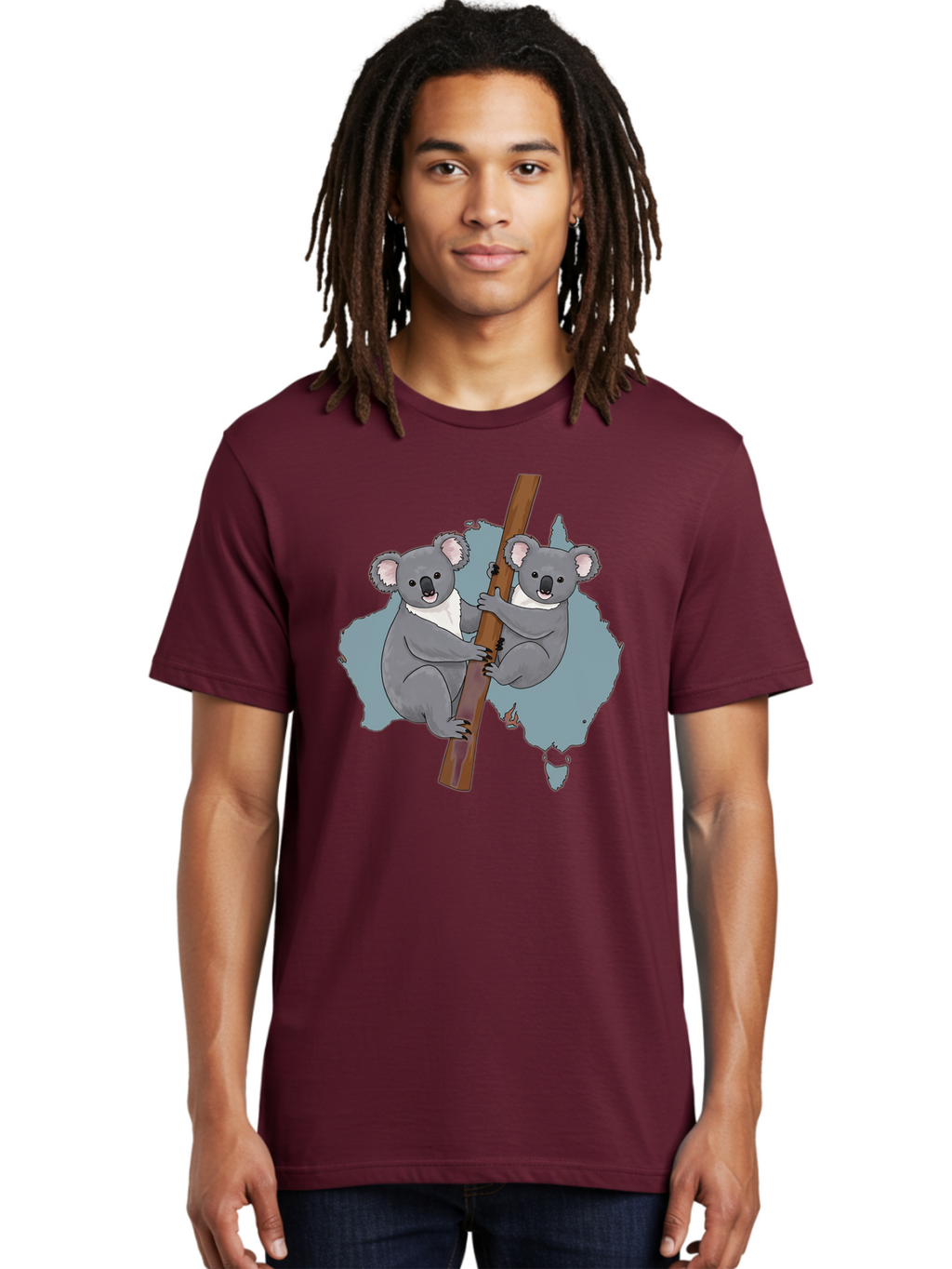 Koalas-On-Australia-Map Men'S Graphic Tee, 100% Cotton, Comfortable Casual Summer Wear, Machine Washable, Koalas Climbing, Australia Map, Cartoon Animals, Cute Wildlife, Adorable Marsupials, Australian Fauna, Funny Illustration, Gray Koalas, Baa903
