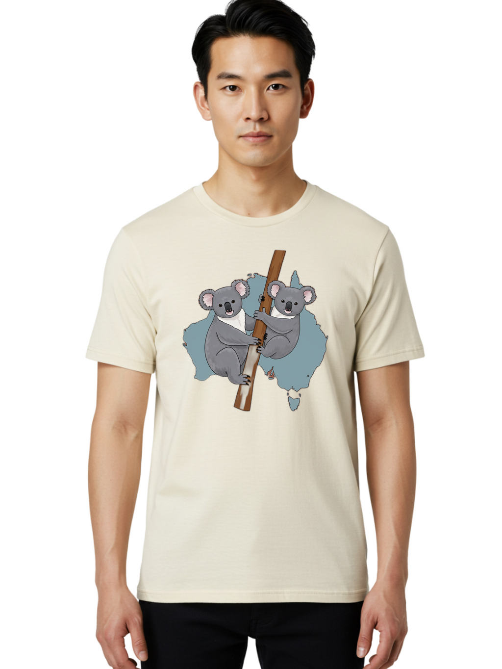 Koalas-On-Australia-Map Men'S Graphic Tee, 100% Cotton, Comfortable Casual Summer Wear, Machine Washable, Koalas Climbing, Australia Map, Cartoon Animals, Cute Wildlife, Adorable Marsupials, Australian Fauna, Funny Illustration, Gray Koalas, Baa903