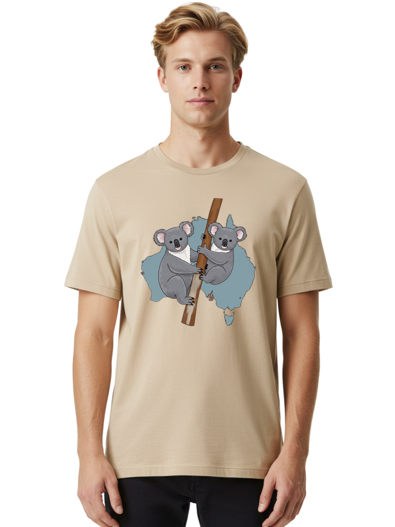 Koalas-On-Australia-Map Men'S Graphic Tee, 100% Cotton, Comfortable Casual Summer Wear, Machine Washable, Koalas Climbing, Australia Map, Cartoon Animals, Cute Wildlife, Adorable Marsupials, Australian Fauna, Funny Illustration, Gray Koalas, Baa903