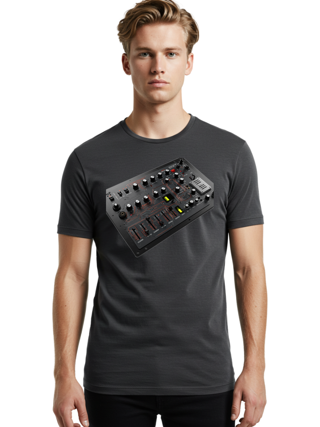 Korg-Minilogue-1 Men'S Graphic Tee, 100% Cotton, Comfortable Casual Summer Wear, Machine Washable, Korg Minilogue Synthesizer, Sound Design, Music Production, Analog Synthesizer, Audio Equipment, Electronic Music Gear, Knobs, Sliders, Buttons, Baa904