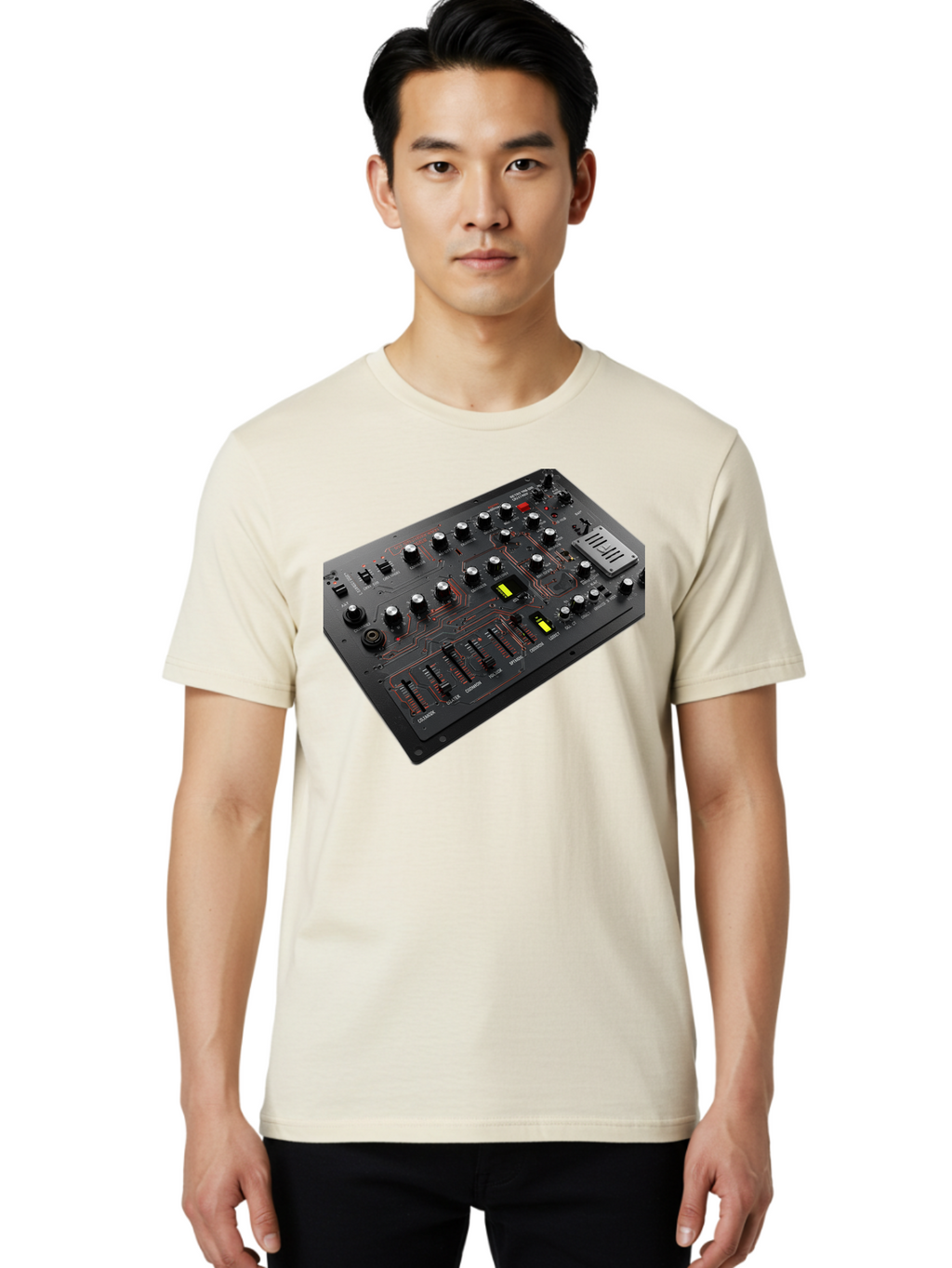 Korg-Minilogue-1 Men'S Graphic Tee, 100% Cotton, Comfortable Casual Summer Wear, Machine Washable, Korg Minilogue Synthesizer, Sound Design, Music Production, Analog Synthesizer, Audio Equipment, Electronic Music Gear, Knobs, Sliders, Buttons, Baa904