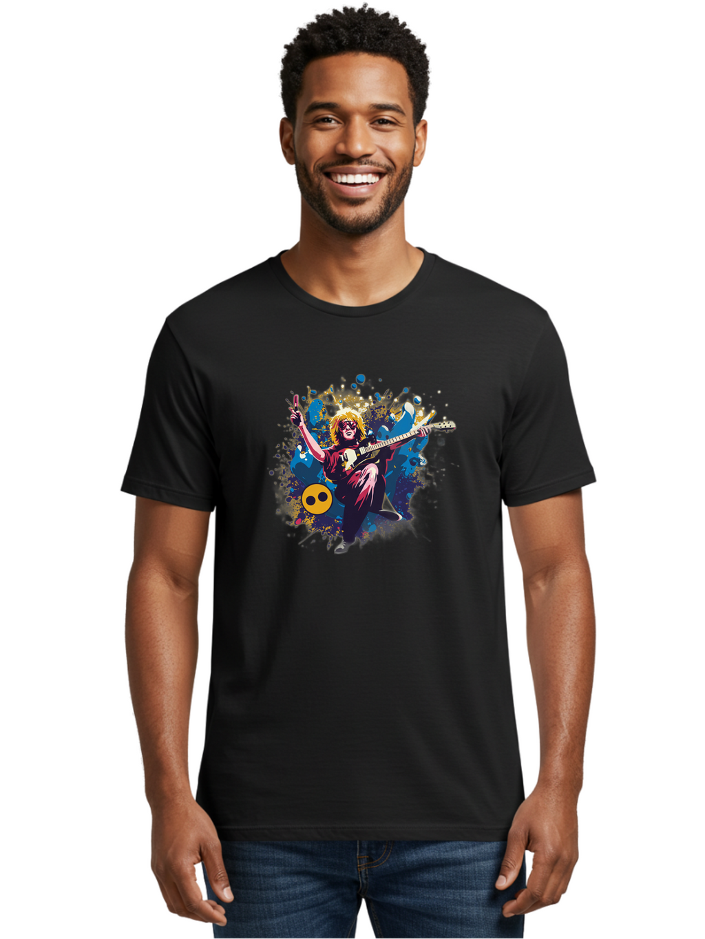 Kurt-Cobain Men'S Graphic Tee, 100% Cotton, Comfortable Casual Summer Wear, Machine Washable, Kurt Cobain Playing Guitar, Rockstar Pose, Kurt Cobain Tribute, Grunge Music, Iconic Musician, Rock On Gesture, Guitar Hero, Music Legend, Baa908