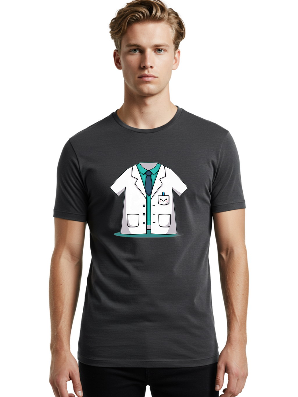 Lab-Coat Men'S Graphic Tee, 100% Cotton, Comfortable Casual Summer Wear, Machine Washable, Lab Coat, Cartoon Style, White Lab Coat, Shirt And Tie Underneath, Pocket Protector, Smiling Face, Medical Professional, Science Illustration, Baa909