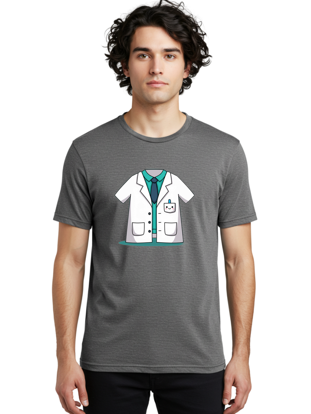 Lab-Coat Men'S Graphic Tee, 100% Cotton, Comfortable Casual Summer Wear, Machine Washable, Lab Coat, Cartoon Style, White Lab Coat, Shirt And Tie Underneath, Pocket Protector, Smiling Face, Medical Professional, Science Illustration, Baa909