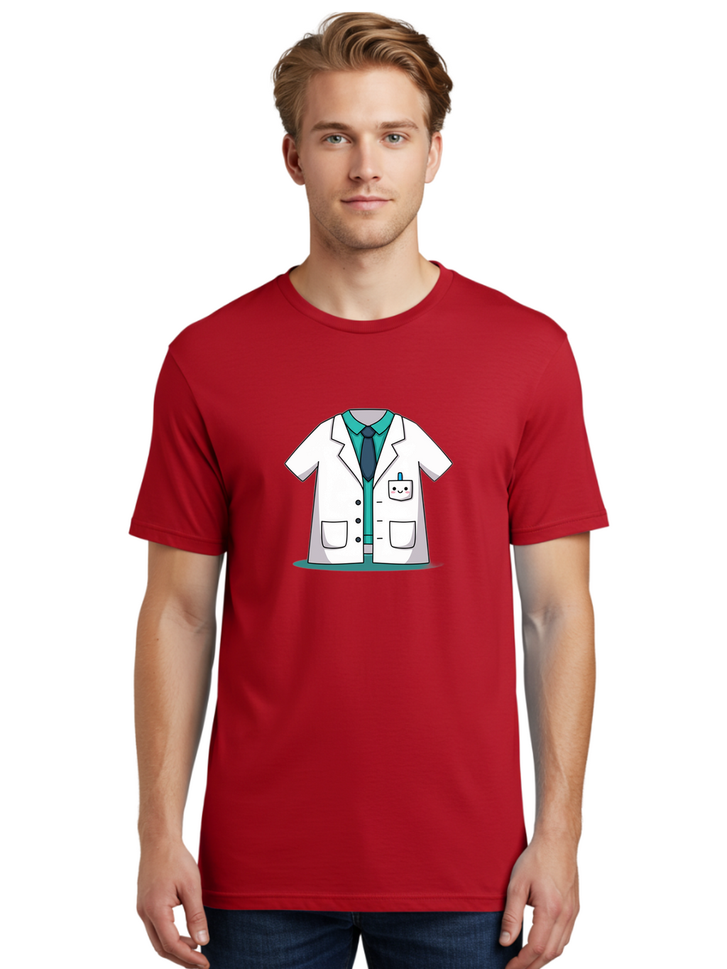 Lab-Coat Men'S Graphic Tee, 100% Cotton, Comfortable Casual Summer Wear, Machine Washable, Lab Coat, Cartoon Style, White Lab Coat, Shirt And Tie Underneath, Pocket Protector, Smiling Face, Medical Professional, Science Illustration, Baa909