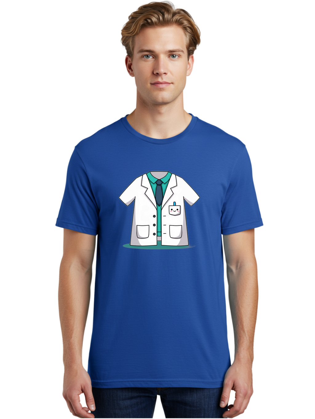 Lab-Coat Men'S Graphic Tee, 100% Cotton, Comfortable Casual Summer Wear, Machine Washable, Lab Coat, Cartoon Style, White Lab Coat, Shirt And Tie Underneath, Pocket Protector, Smiling Face, Medical Professional, Science Illustration, Baa909