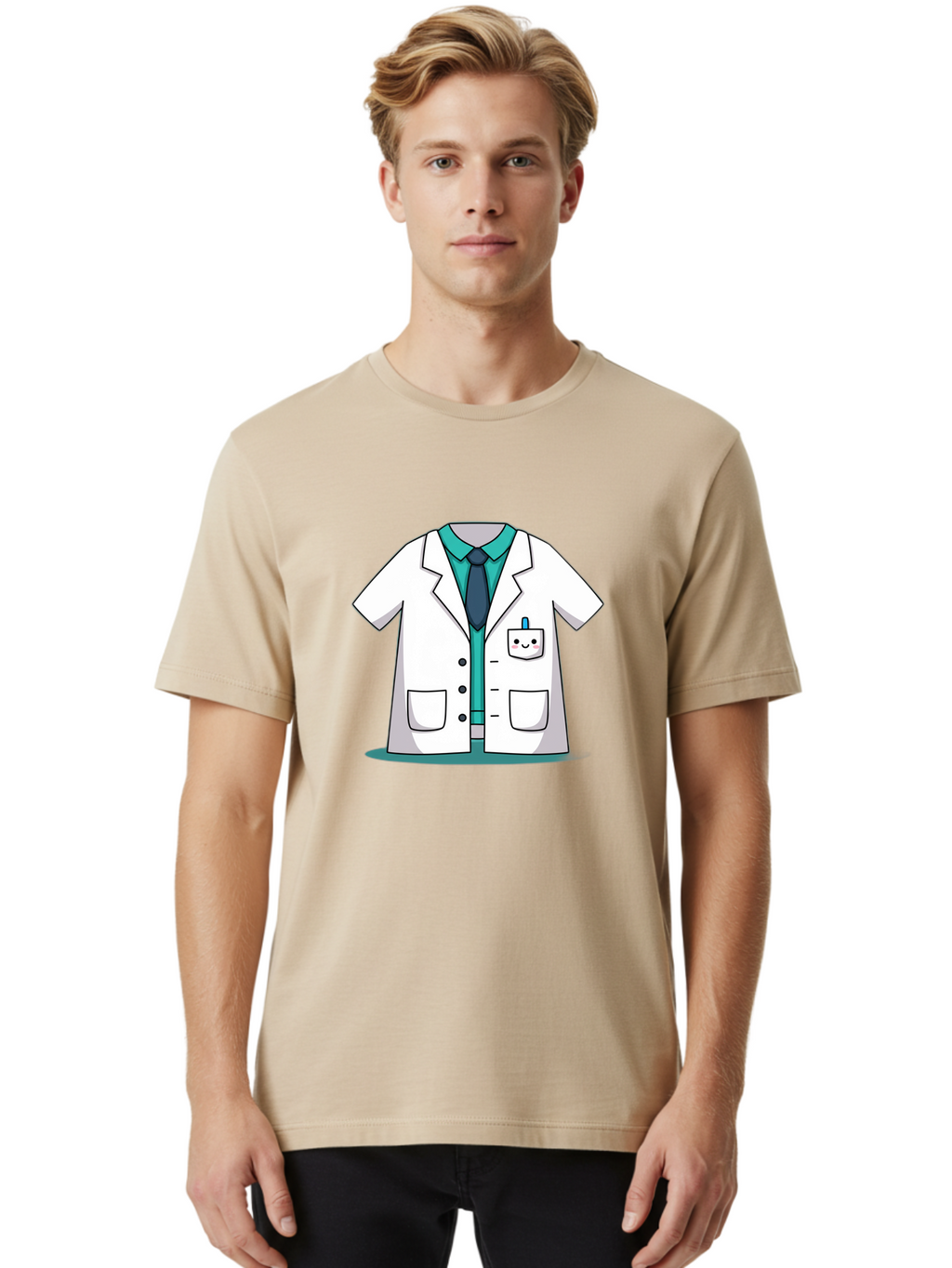 Lab-Coat Men'S Graphic Tee, 100% Cotton, Comfortable Casual Summer Wear, Machine Washable, Lab Coat, Cartoon Style, White Lab Coat, Shirt And Tie Underneath, Pocket Protector, Smiling Face, Medical Professional, Science Illustration, Baa909
