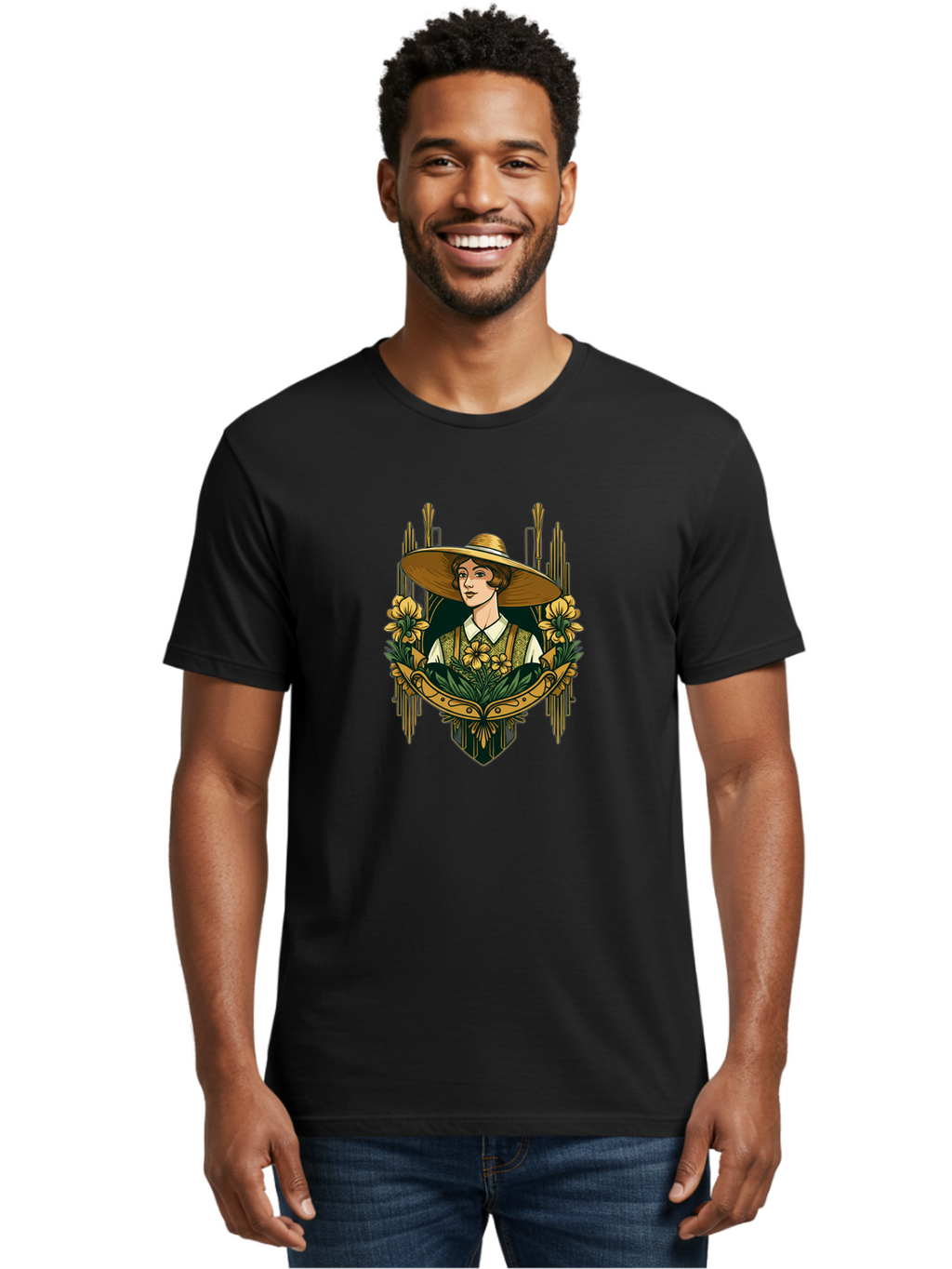Lady-With-Sun-Hat Men'S Graphic Tee, 100% Cotton, Comfortable Casual Summer Wear, Machine Washable, Woman Wearing Sun Hat, Floral Arrangement, Yellow Flowers, Vintage Style, Art Nouveau, Natural Elegance, Feminine Charm, Decorative Elements, Baa910
