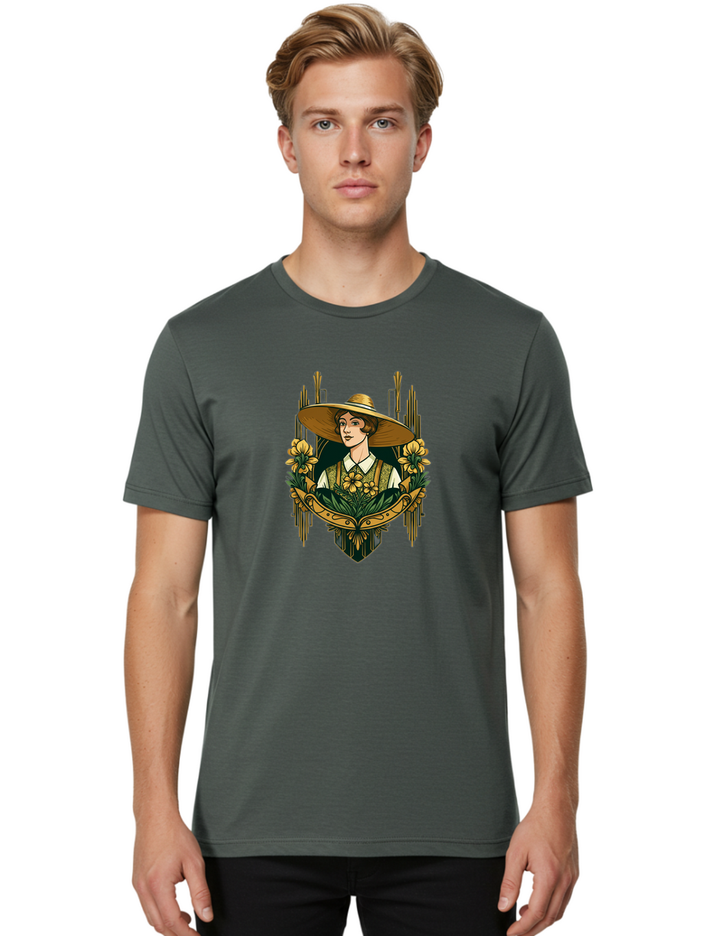 Lady-With-Sun-Hat Men'S Graphic Tee, 100% Cotton, Comfortable Casual Summer Wear, Machine Washable, Woman Wearing Sun Hat, Floral Arrangement, Yellow Flowers, Vintage Style, Art Nouveau, Natural Elegance, Feminine Charm, Decorative Elements, Baa910