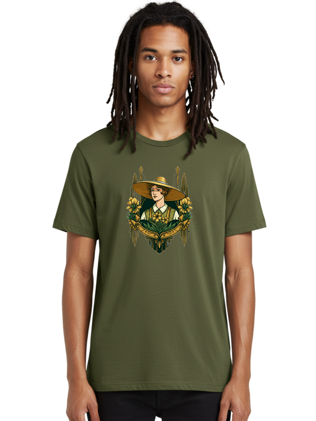 Lady-With-Sun-Hat Men'S Graphic Tee, 100% Cotton, Comfortable Casual Summer Wear, Machine Washable, Woman Wearing Sun Hat, Floral Arrangement, Yellow Flowers, Vintage Style, Art Nouveau, Natural Elegance, Feminine Charm, Decorative Elements, Baa910