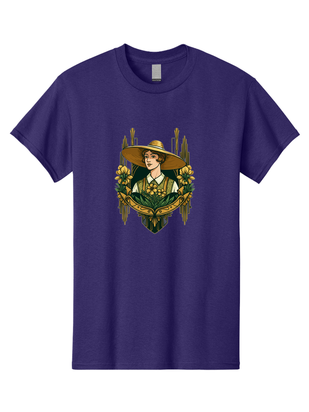 Lady-With-Sun-Hat Men'S Graphic Tee, 100% Cotton, Comfortable Casual Summer Wear, Machine Washable, Woman Wearing Sun Hat, Floral Arrangement, Yellow Flowers, Vintage Style, Art Nouveau, Natural Elegance, Feminine Charm, Decorative Elements, Baa910