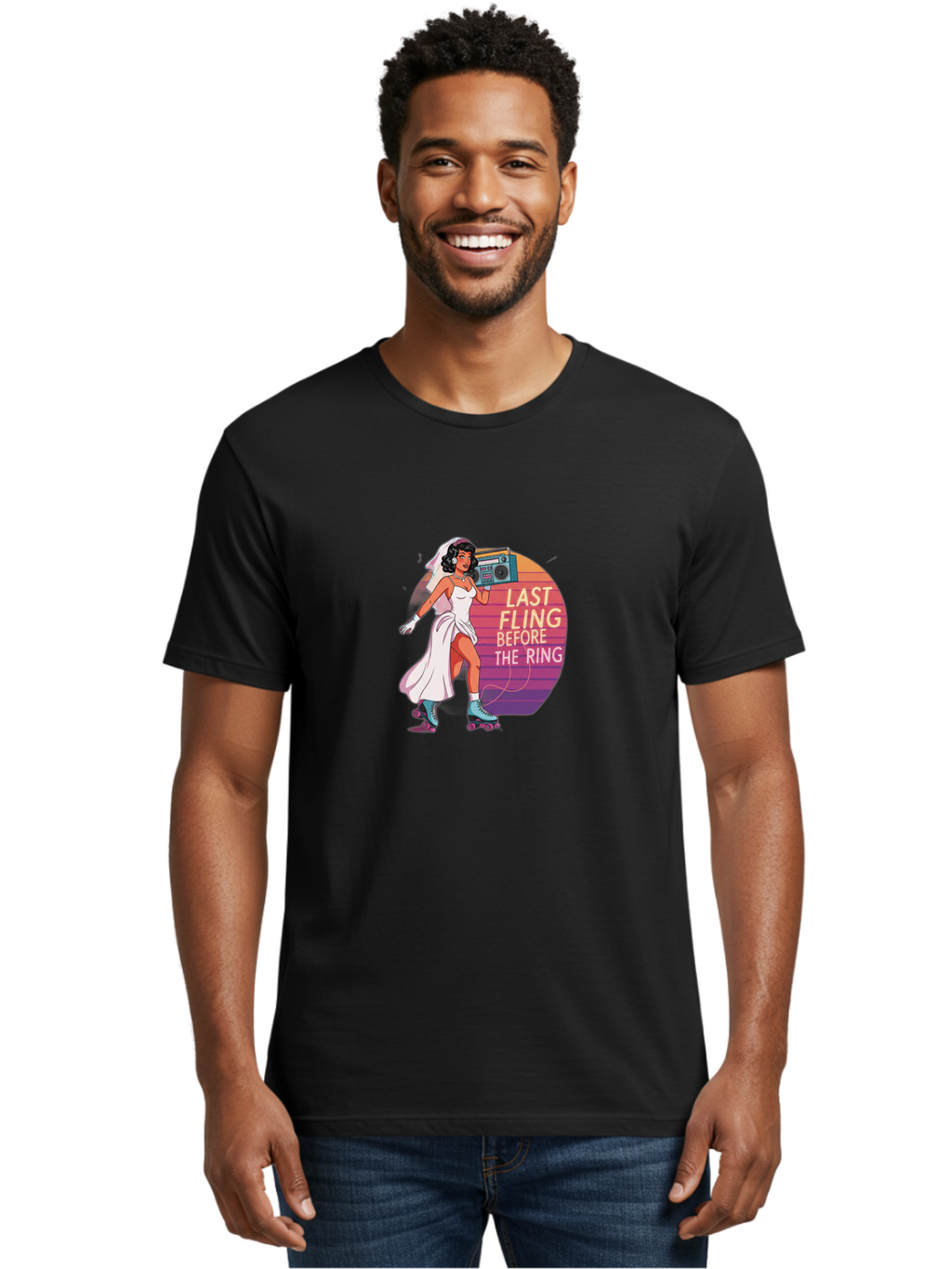 Last-Fling-Before-The-Ring-1 Men'S Graphic Tee, 100% Cotton, Comfortable Casual Summer Wear, Machine Washable, Bride On Roller Skates, Wedding Dress, Boombox, Last Fling Before The Ring, Fun, Party, Bachelorette, Playful Bride, Baa911