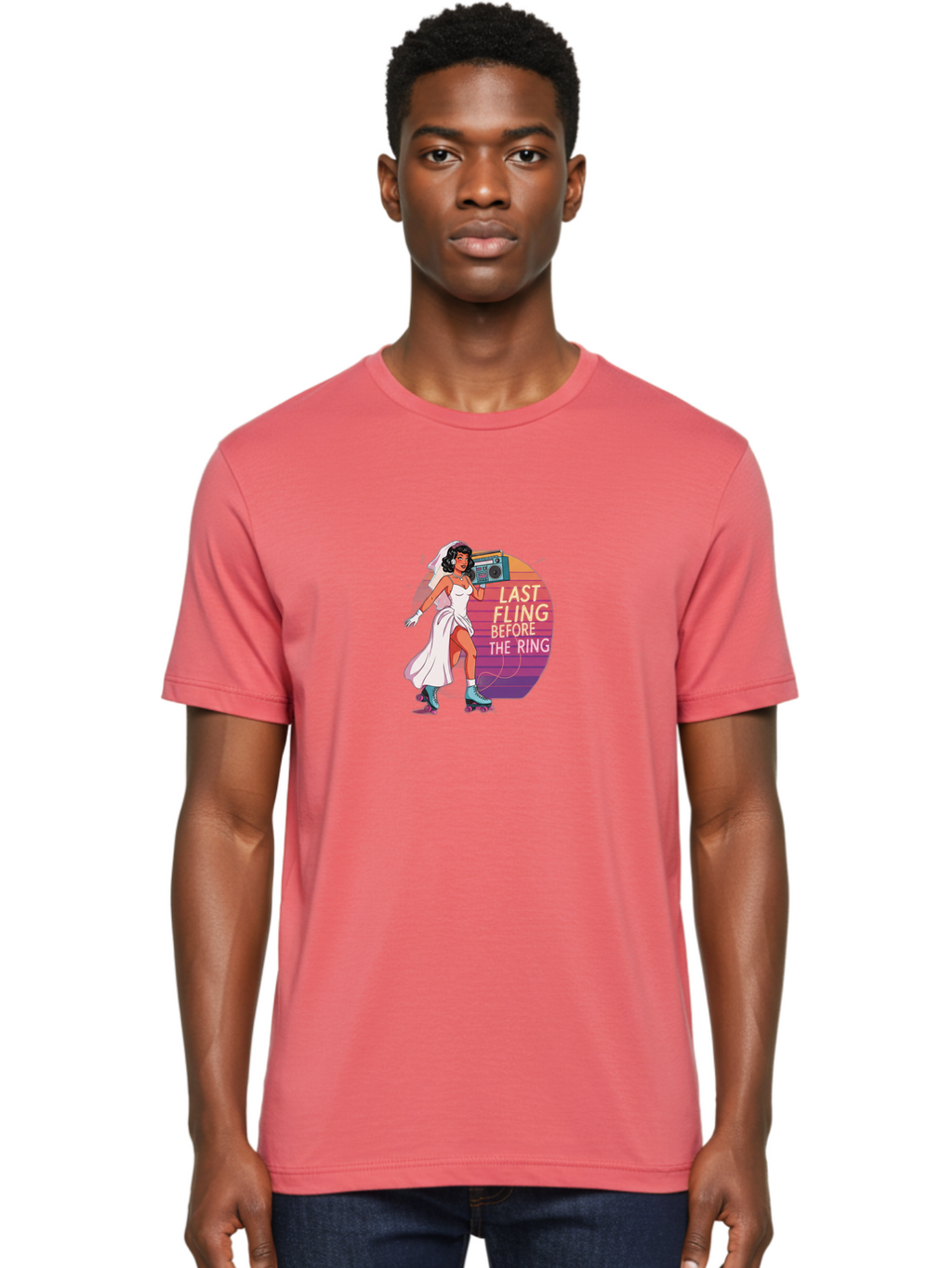 Last-Fling-Before-The-Ring-1 Men'S Graphic Tee, 100% Cotton, Comfortable Casual Summer Wear, Machine Washable, Bride On Roller Skates, Wedding Dress, Boombox, Last Fling Before The Ring, Fun, Party, Bachelorette, Playful Bride, Baa911