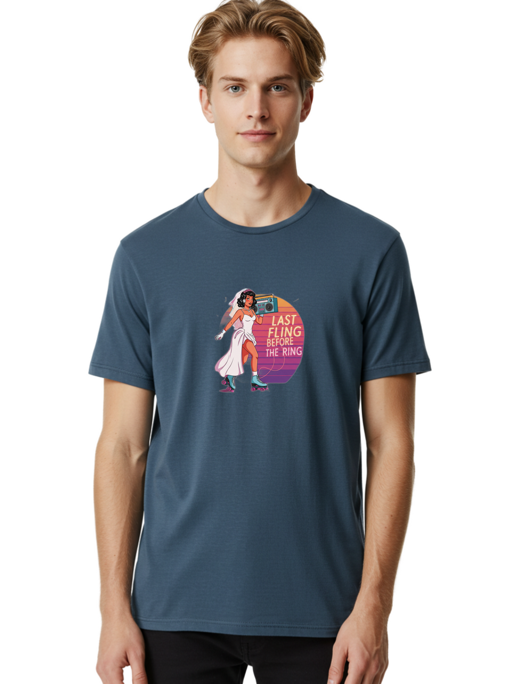 Last-Fling-Before-The-Ring-1 Men'S Graphic Tee, 100% Cotton, Comfortable Casual Summer Wear, Machine Washable, Bride On Roller Skates, Wedding Dress, Boombox, Last Fling Before The Ring, Fun, Party, Bachelorette, Playful Bride, Baa911