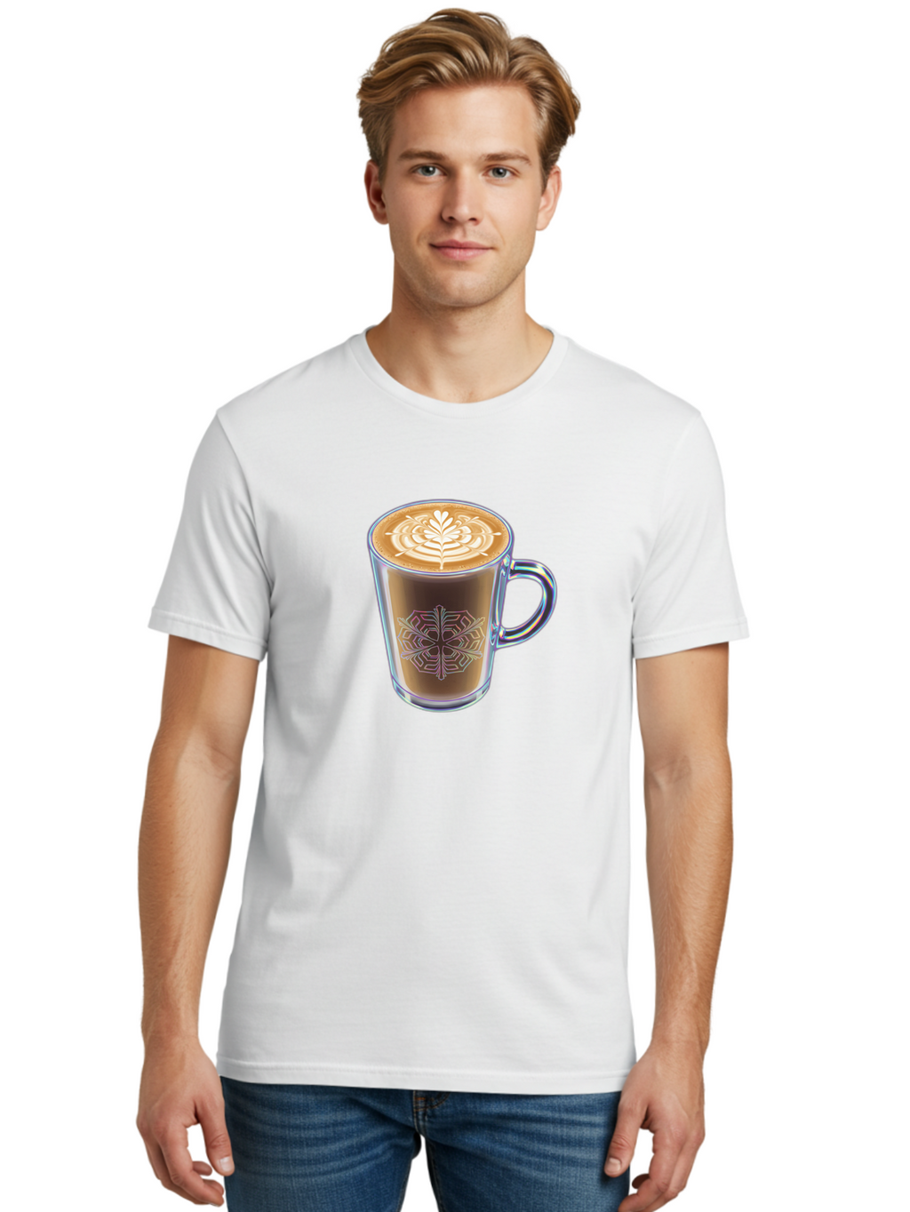 Latte-Art-Coffee Men'S Graphic Tee, 100% Cotton, Comfortable Casual Summer Wear, Machine Washable, Latte Art, Coffee Design, Coffee Cup, Leaf Pattern, Frothy Coffee, Coffee Drink, Gourmet Coffee, Artistic Coffee Baa913