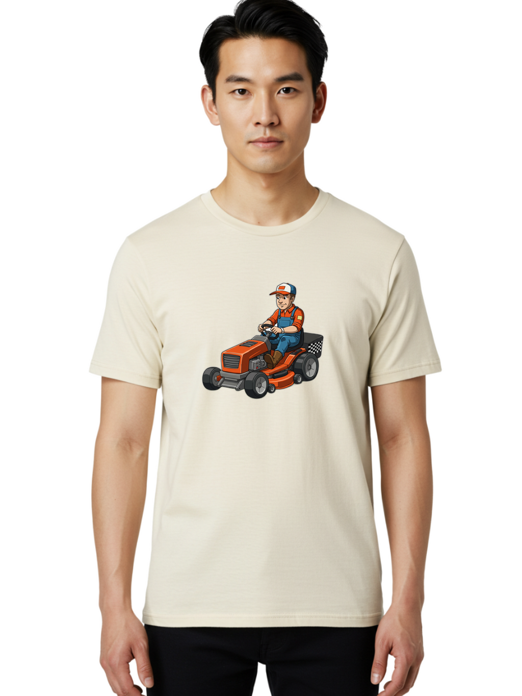 Lawn-Mower-Operator Men'S Graphic Tee, 100% Cotton, Comfortable Casual Summer Wear, Machine Washable, Lawn Mower, Gardening, Landscaping, Outdoor Work, Gardening Tools, Lawn Care, Mower, Orange Lawn Mower, Checkered Bag Baa916