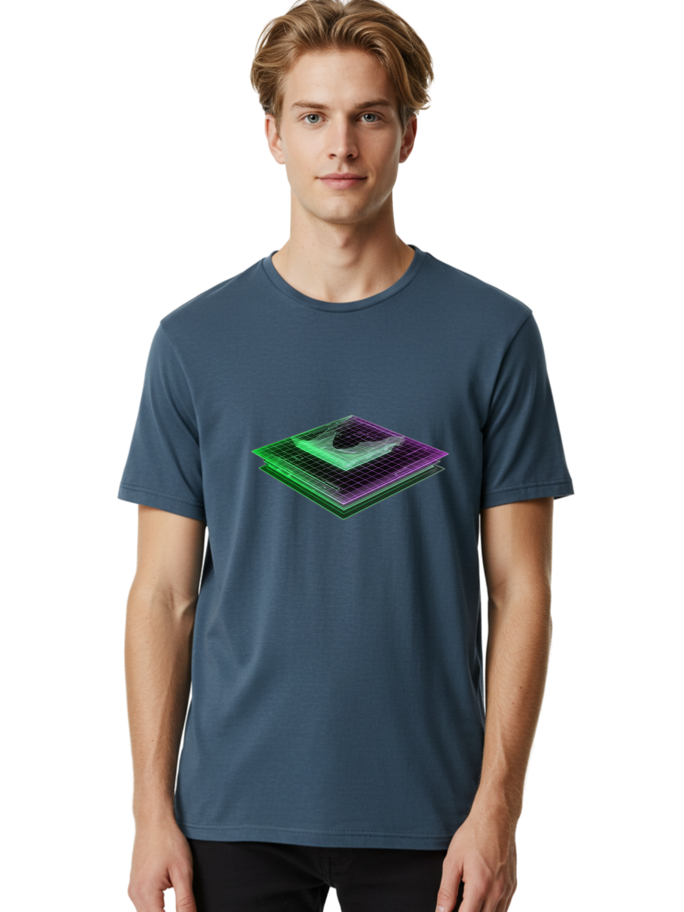 Layered-Grid Men'S Graphic Tee, 100% Cotton, Comfortable Casual Summer Wear, Machine Washable, 3D Grid, Layered Squares, Purple And Green Accents, Grid Pattern, Digital Art, Futuristic Design, Abstract Shapes, Modern Graphic, Layered Effect Baa917