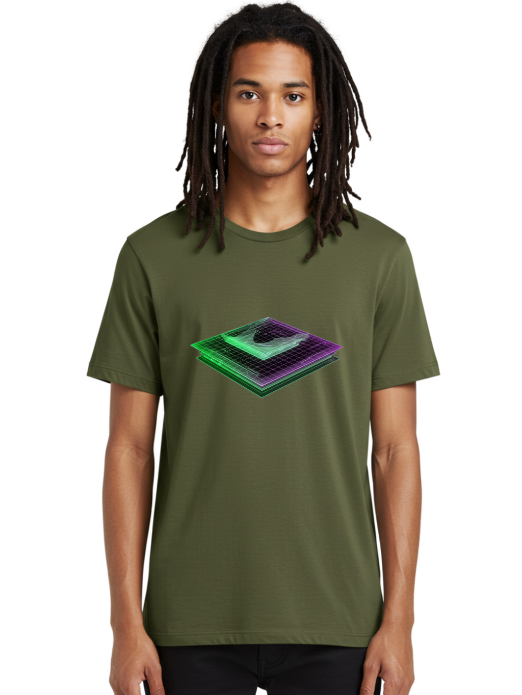 Layered-Grid Men'S Graphic Tee, 100% Cotton, Comfortable Casual Summer Wear, Machine Washable, 3D Grid, Layered Squares, Purple And Green Accents, Grid Pattern, Digital Art, Futuristic Design, Abstract Shapes, Modern Graphic, Layered Effect Baa917