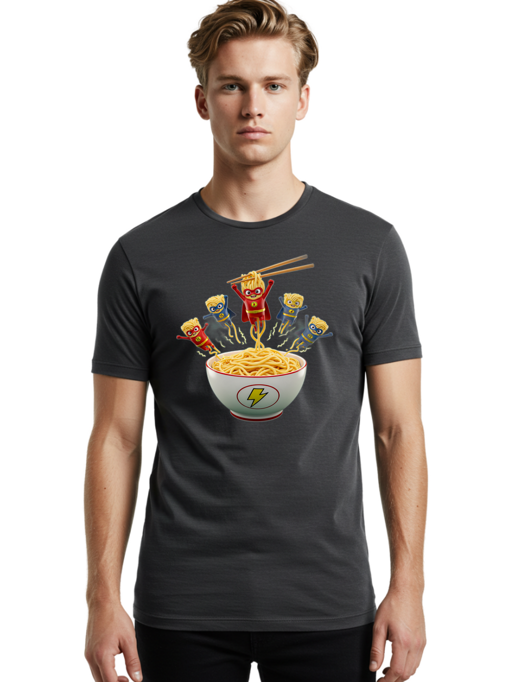 Lightning-Noodles Men'S Graphic Tee, 100% Cotton, Comfortable Casual Summer Wear, Machine Washable, Noodle Superheroes, Cartoon Characters, Comic Book Style, Asian Cuisine, Noodles, Chopsticks, Superhero Costumes, Funny, Playful, Baa920