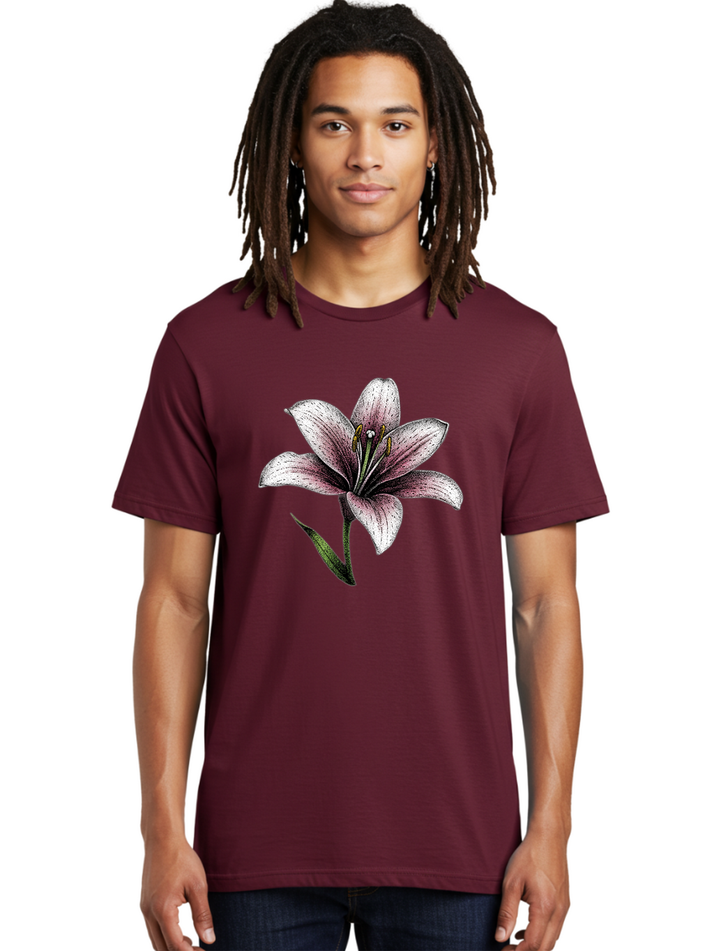 Lily-1 Men'S Graphic Tee, 100% Cotton, Comfortable Casual Summer Wear, Machine Washable, Lily Flower, Elegant Bloom, White And Purple Petals, Botanical Illustration, Delicate Stamens, Floral Beauty, Vintage Art, Flower Drawing Baa921