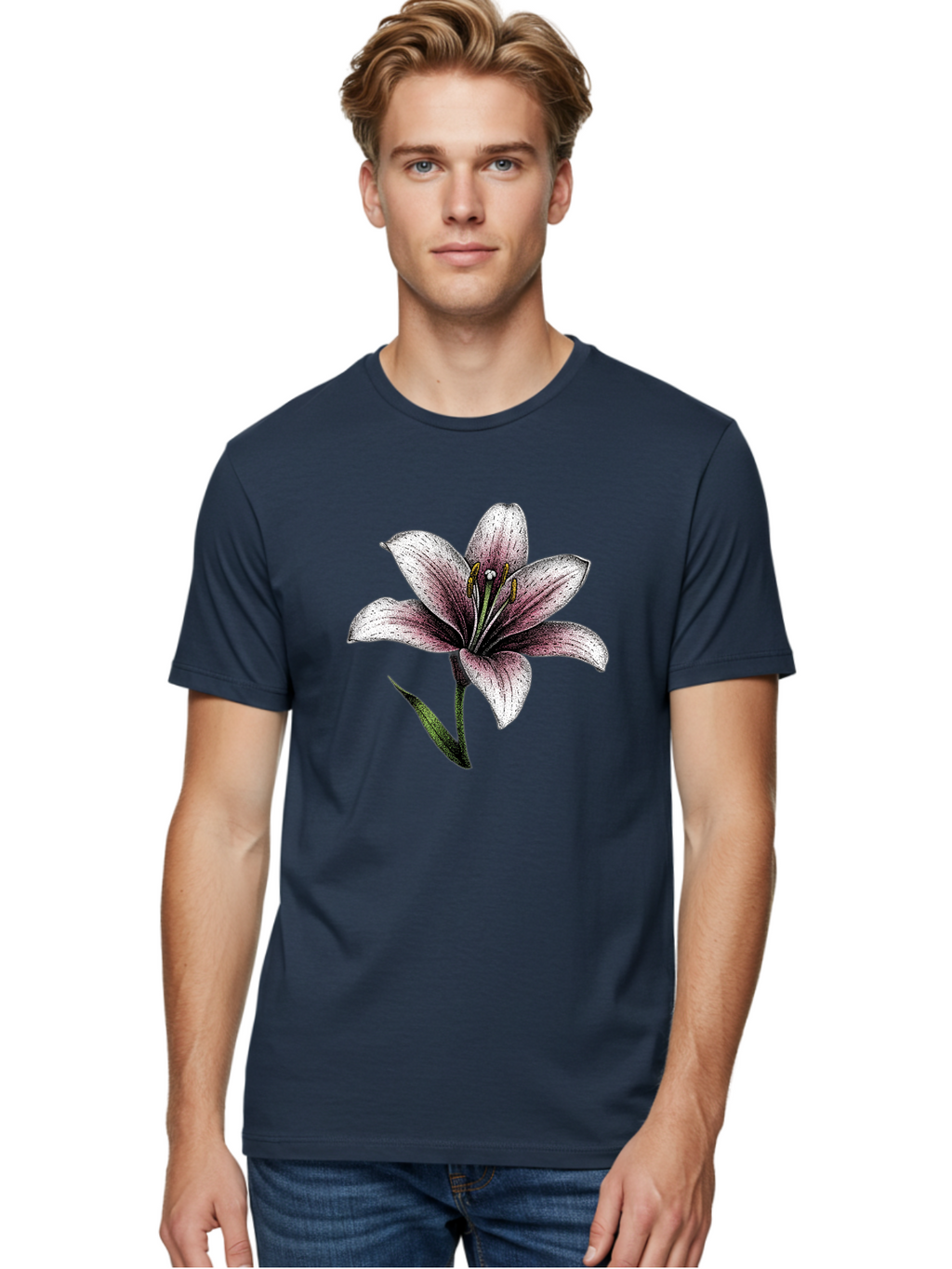 Lily-1 Men'S Graphic Tee, 100% Cotton, Comfortable Casual Summer Wear, Machine Washable, Lily Flower, Elegant Bloom, White And Purple Petals, Botanical Illustration, Delicate Stamens, Floral Beauty, Vintage Art, Flower Drawing Baa921