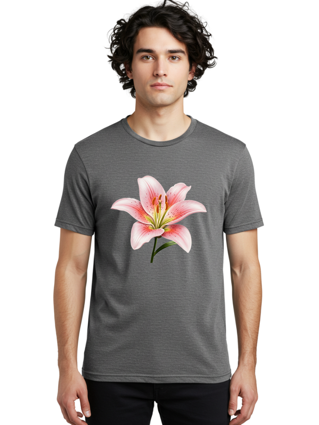 Lily Men'S Graphic Tee, 100% Cotton, Comfortable Casual Summer Wear, Machine Washable, Pink Lily, Floral Beauty, Delicate Petals, Yellow Stamens, Botanical Art, Flower Illustration, Soft Pink Hues, Elegant Bloom Baa922