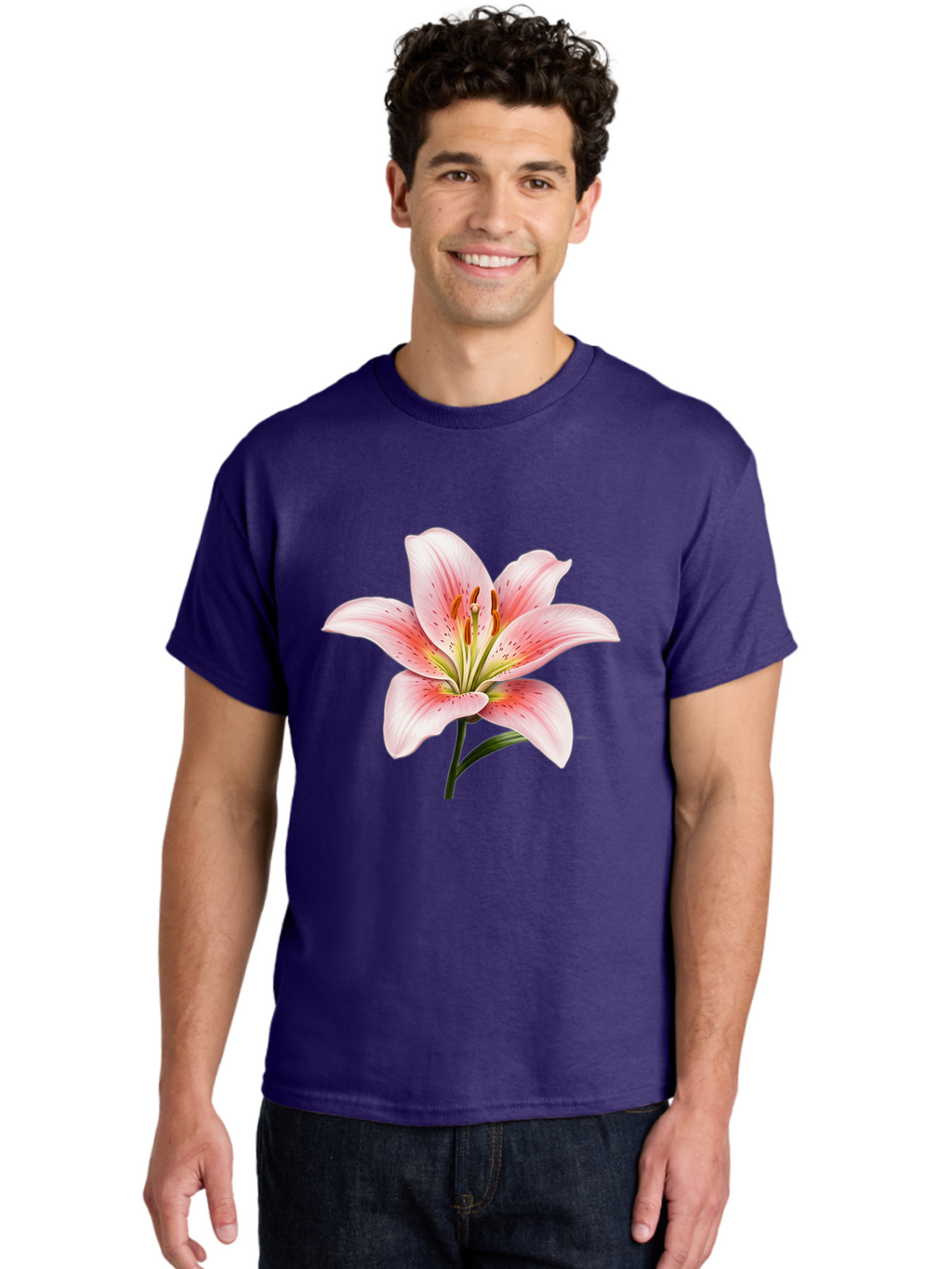 Lily Men'S Graphic Tee, 100% Cotton, Comfortable Casual Summer Wear, Machine Washable, Pink Lily, Floral Beauty, Delicate Petals, Yellow Stamens, Botanical Art, Flower Illustration, Soft Pink Hues, Elegant Bloom Baa922