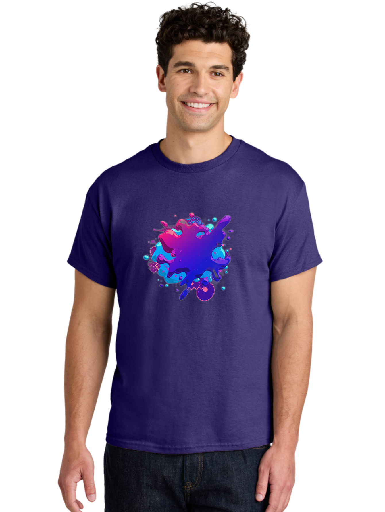 Liquid-Splash Men'S Graphic Tee, 100% Cotton, Comfortable Casual Summer Wear, Machine Washable, Purple Paint Splash, Vibrant Colors, Abstract Design, Fluid Art, Dynamic Shapes, Creative Expression, Colorful Splatter, Artistic Splash Baa923