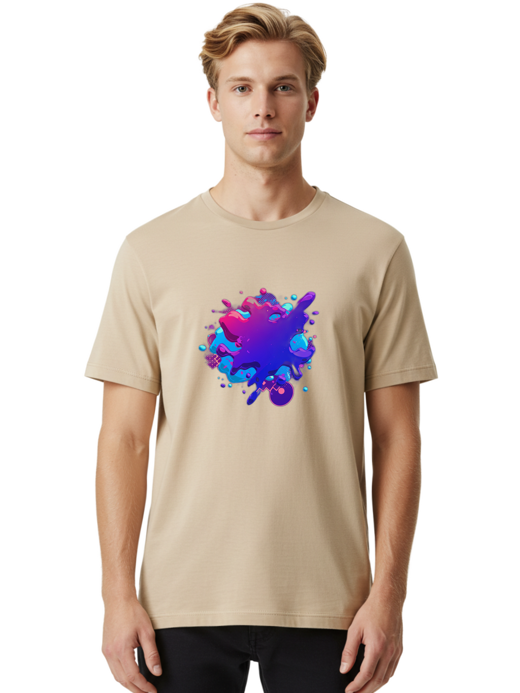 Liquid-Splash Men'S Graphic Tee, 100% Cotton, Comfortable Casual Summer Wear, Machine Washable, Purple Paint Splash, Vibrant Colors, Abstract Design, Fluid Art, Dynamic Shapes, Creative Expression, Colorful Splatter, Artistic Splash Baa923