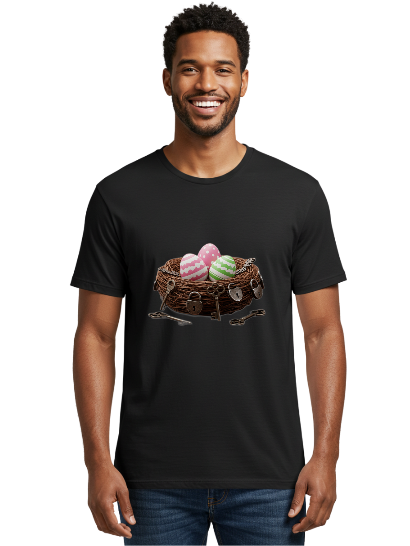 Locked-Nest-With-Easter-Eggs Men'S Graphic Tee, 100% Cotton, Comfortable Casual Summer Wear, Machine Washable, Easter Eggs In A Nest, Locked Nest, Vintage Keys, Padlocks, Easter Decorations, Spring Theme, Symbolic Eggs, Retro Style, Baa927