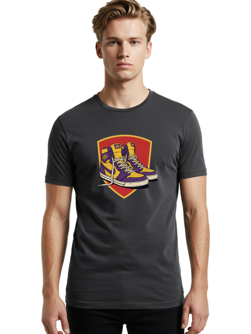 Los-Angeles-Lakers Men'S Graphic Tee, 100% Cotton, Comfortable Casual Summer Wear, Machine Washable, Purple And Yellow Air Jordan Sneakers, Nike Logo, Yellow And Purple Color Scheme, White Laces, Athletic Footwear, Sports Shoes, Baa928
