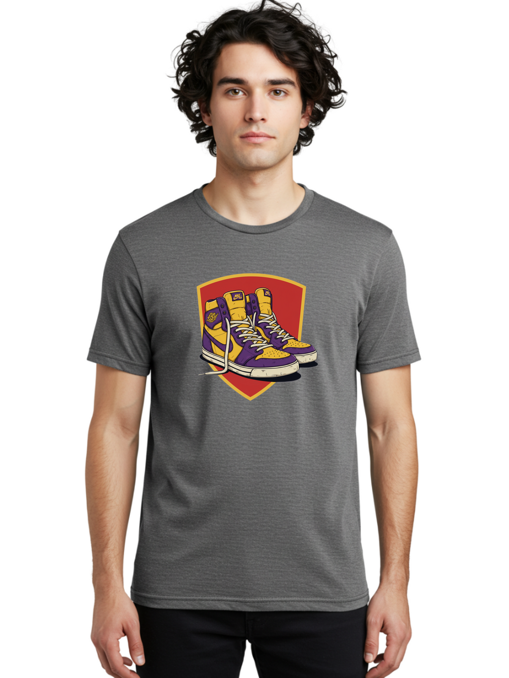 Los-Angeles-Lakers Men'S Graphic Tee, 100% Cotton, Comfortable Casual Summer Wear, Machine Washable, Purple And Yellow Air Jordan Sneakers, Nike Logo, Yellow And Purple Color Scheme, White Laces, Athletic Footwear, Sports Shoes, Baa928