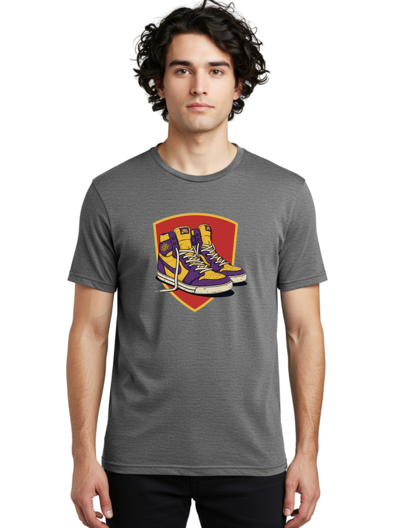 Los-Angeles-Lakers Men'S Graphic Tee, 100% Cotton, Comfortable Casual Summer Wear, Machine Washable, Purple And Yellow Air Jordan Sneakers, Nike Logo, Yellow And Purple Color Scheme, White Laces, Athletic Footwear, Sports Shoes, Baa928