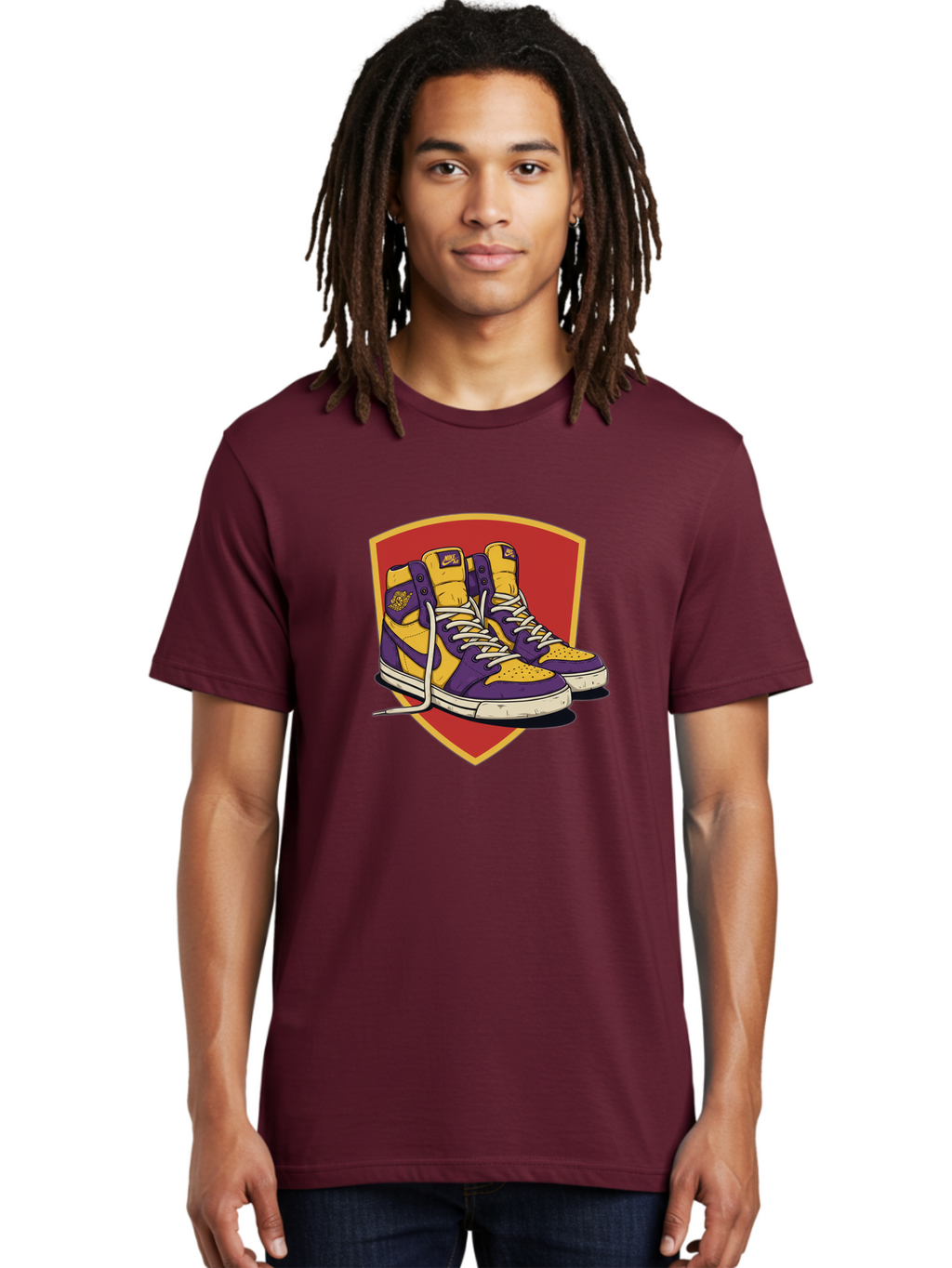 Los-Angeles-Lakers Men'S Graphic Tee, 100% Cotton, Comfortable Casual Summer Wear, Machine Washable, Purple And Yellow Air Jordan Sneakers, Nike Logo, Yellow And Purple Color Scheme, White Laces, Athletic Footwear, Sports Shoes, Baa928