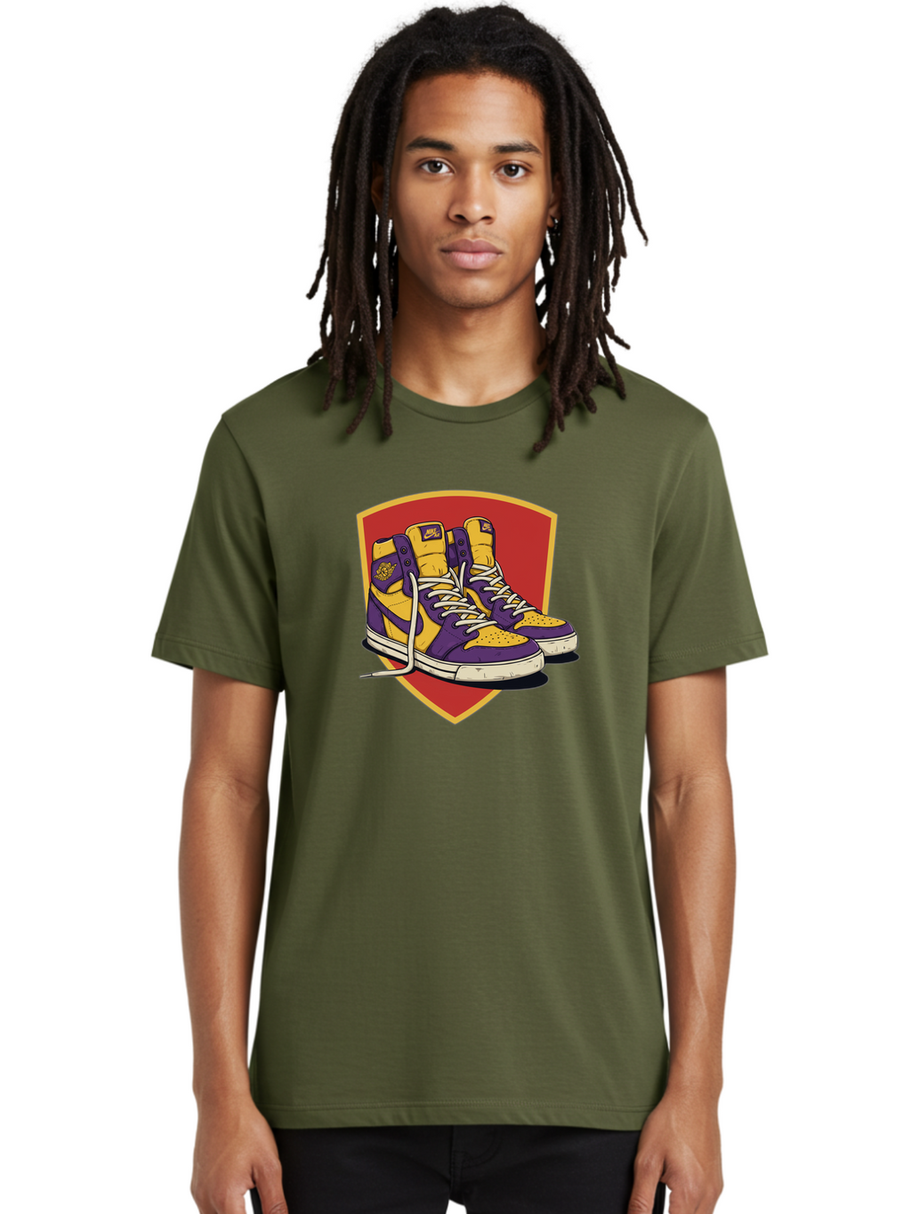 Los-Angeles-Lakers Men'S Graphic Tee, 100% Cotton, Comfortable Casual Summer Wear, Machine Washable, Purple And Yellow Air Jordan Sneakers, Nike Logo, Yellow And Purple Color Scheme, White Laces, Athletic Footwear, Sports Shoes, Baa928