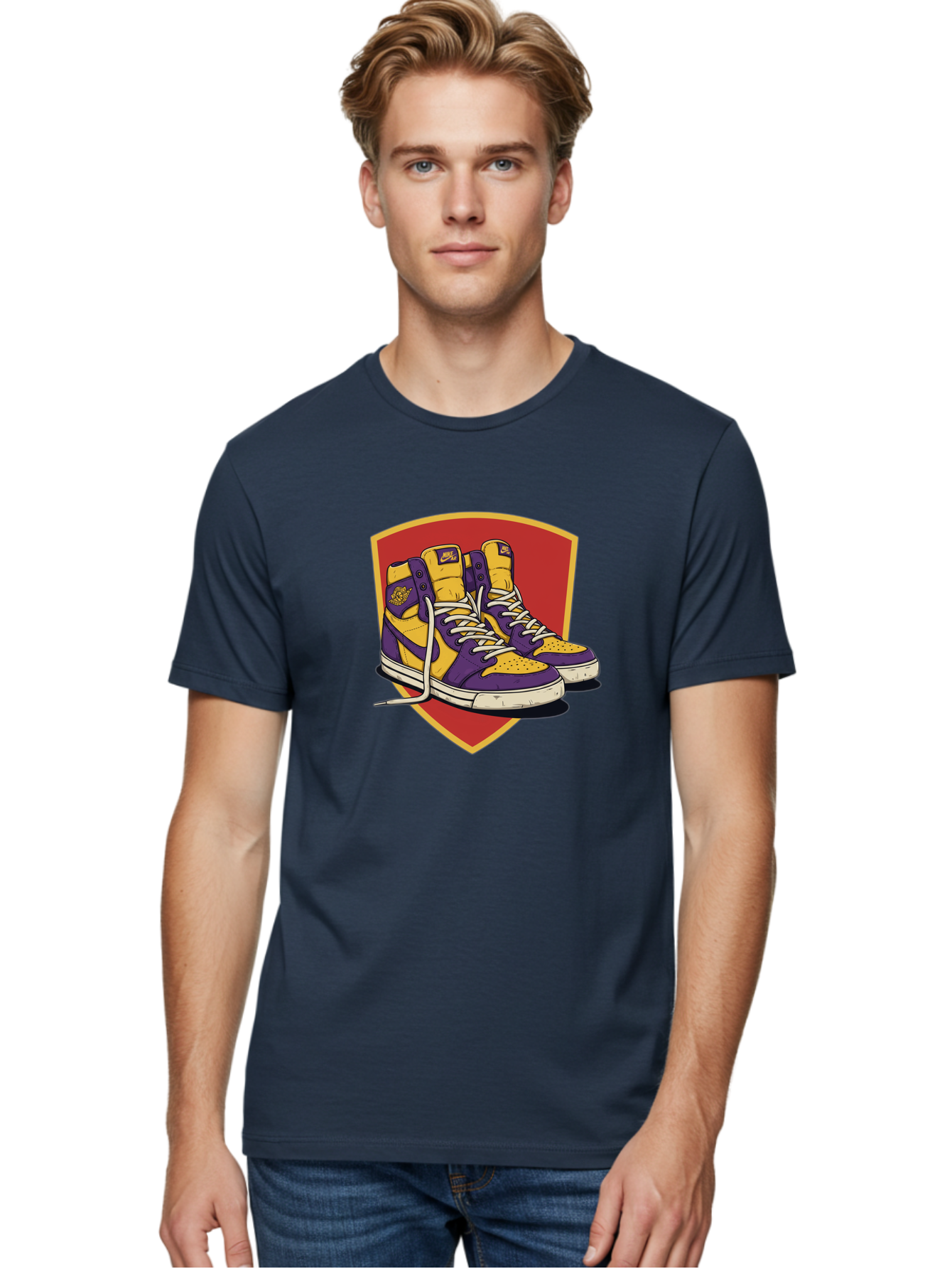Los-Angeles-Lakers Men'S Graphic Tee, 100% Cotton, Comfortable Casual Summer Wear, Machine Washable, Purple And Yellow Air Jordan Sneakers, Nike Logo, Yellow And Purple Color Scheme, White Laces, Athletic Footwear, Sports Shoes, Baa928