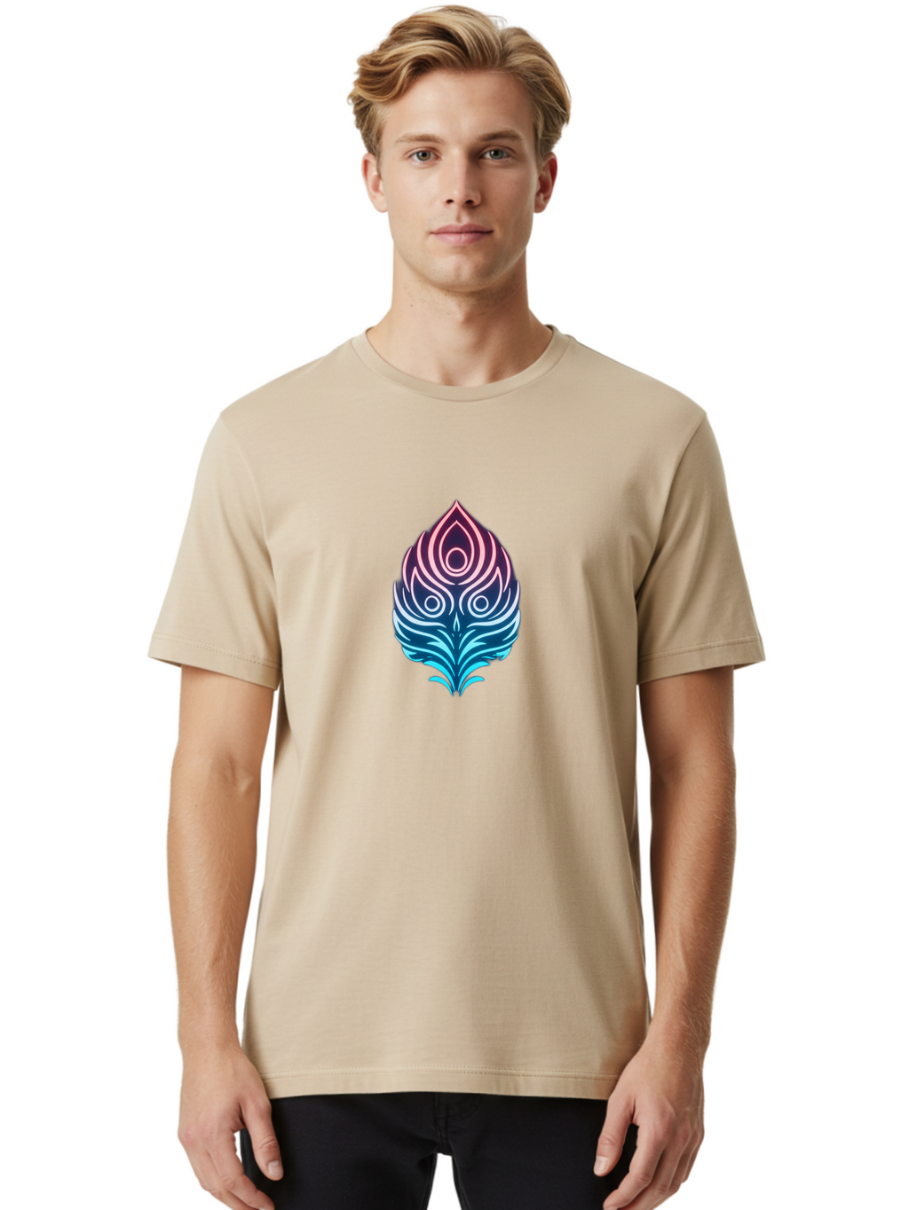 Lotus-Flower Men'S Graphic Tee, 100% Cotton, Comfortable Casual Summer Wear, Machine Washable, Stylized Lotus Leaf, Gradient Colors, Abstract Design, Mystical Symbol, Spiritual Icon, Bohemian Style, Vibrant Colors, Swirling Patterns, Baa930