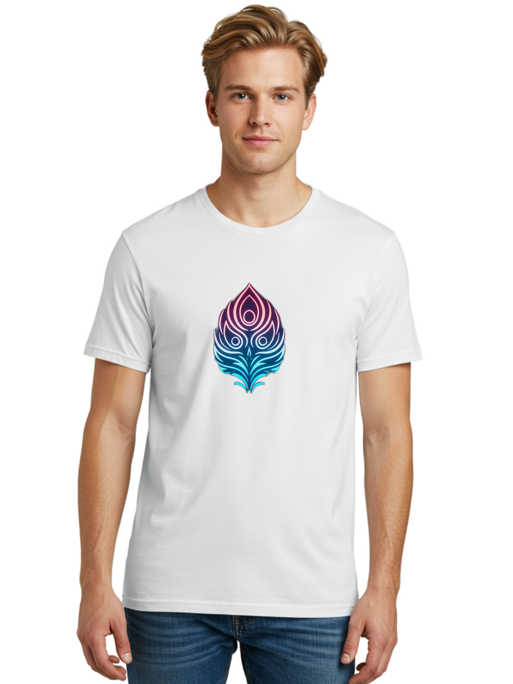 Lotus-Flower Men'S Graphic Tee, 100% Cotton, Comfortable Casual Summer Wear, Machine Washable, Stylized Lotus Leaf, Gradient Colors, Abstract Design, Mystical Symbol, Spiritual Icon, Bohemian Style, Vibrant Colors, Swirling Patterns, Baa930