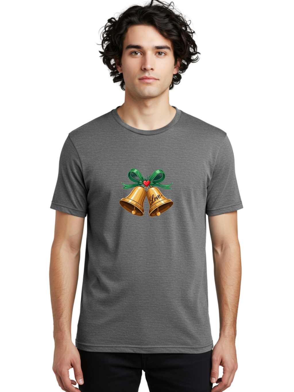 Love-Bells-1 Men'S Graphic Tee, 100% Cotton, Comfortable Casual Summer Wear, Machine Washable, Golden Bells, Love Message, Red Heart, Green Ribbon, Festive Decoration, Symbol Of Love, Wedding Bells, Holiday Decor, Charming Illustration, Baa931